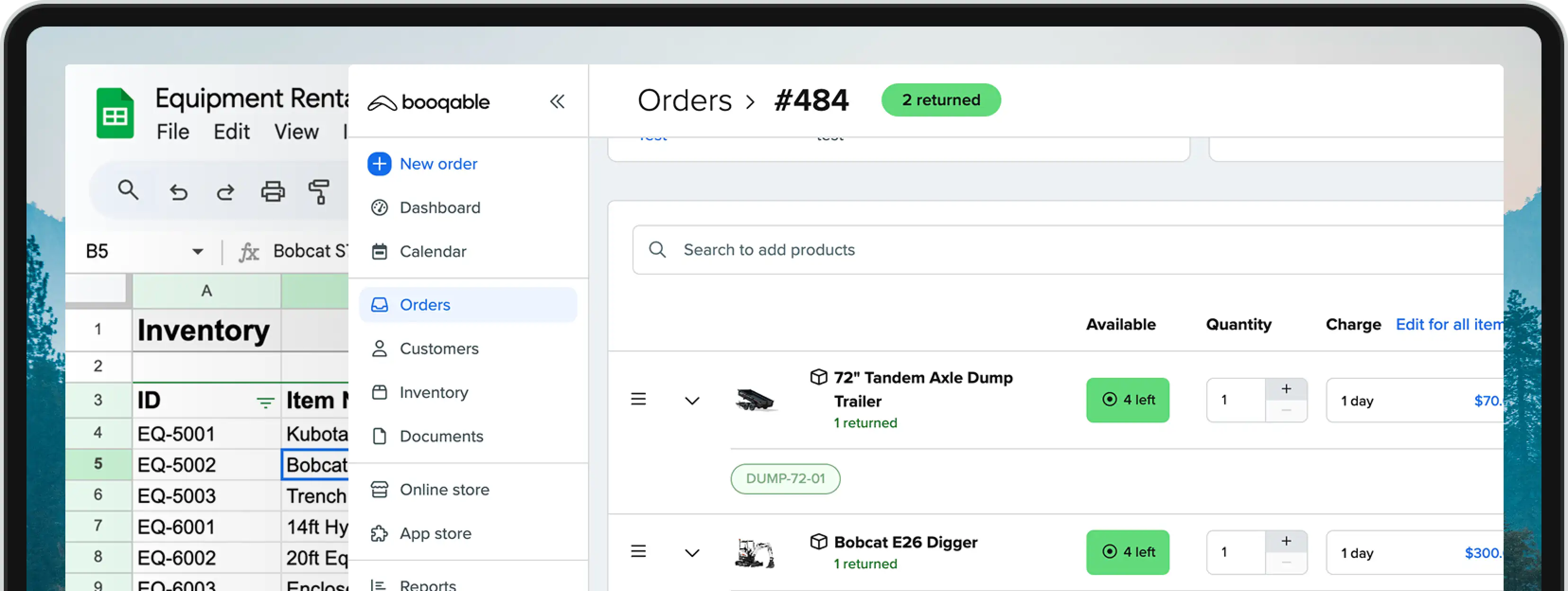 Booqable back-office dashboard showing rental inventory management
