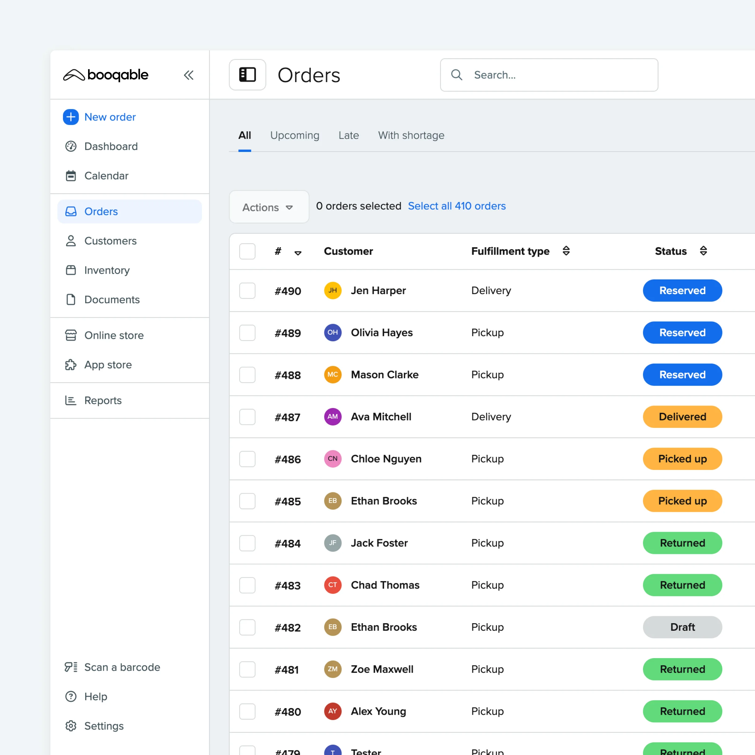 Screenshot of order creation in Booqable