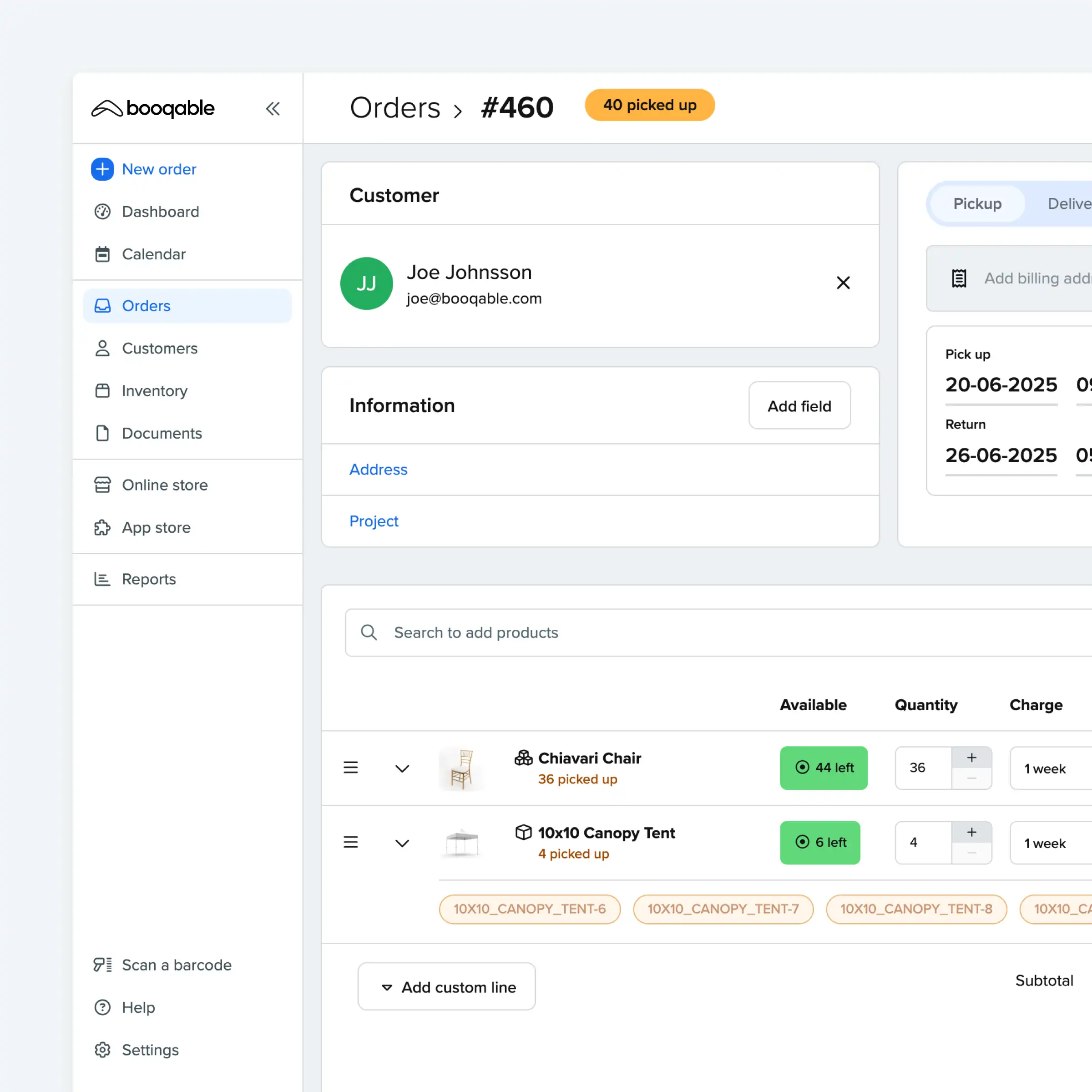 Booqable's order management showing a rental order with a conflict warning