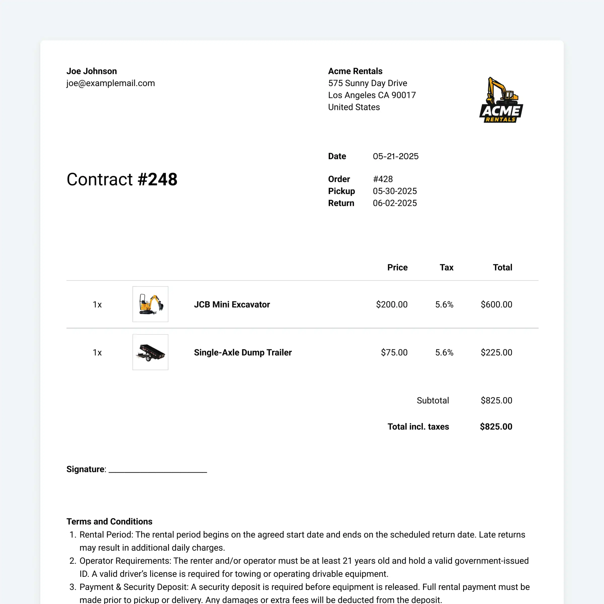 Booqable's document management showing a rental agreement