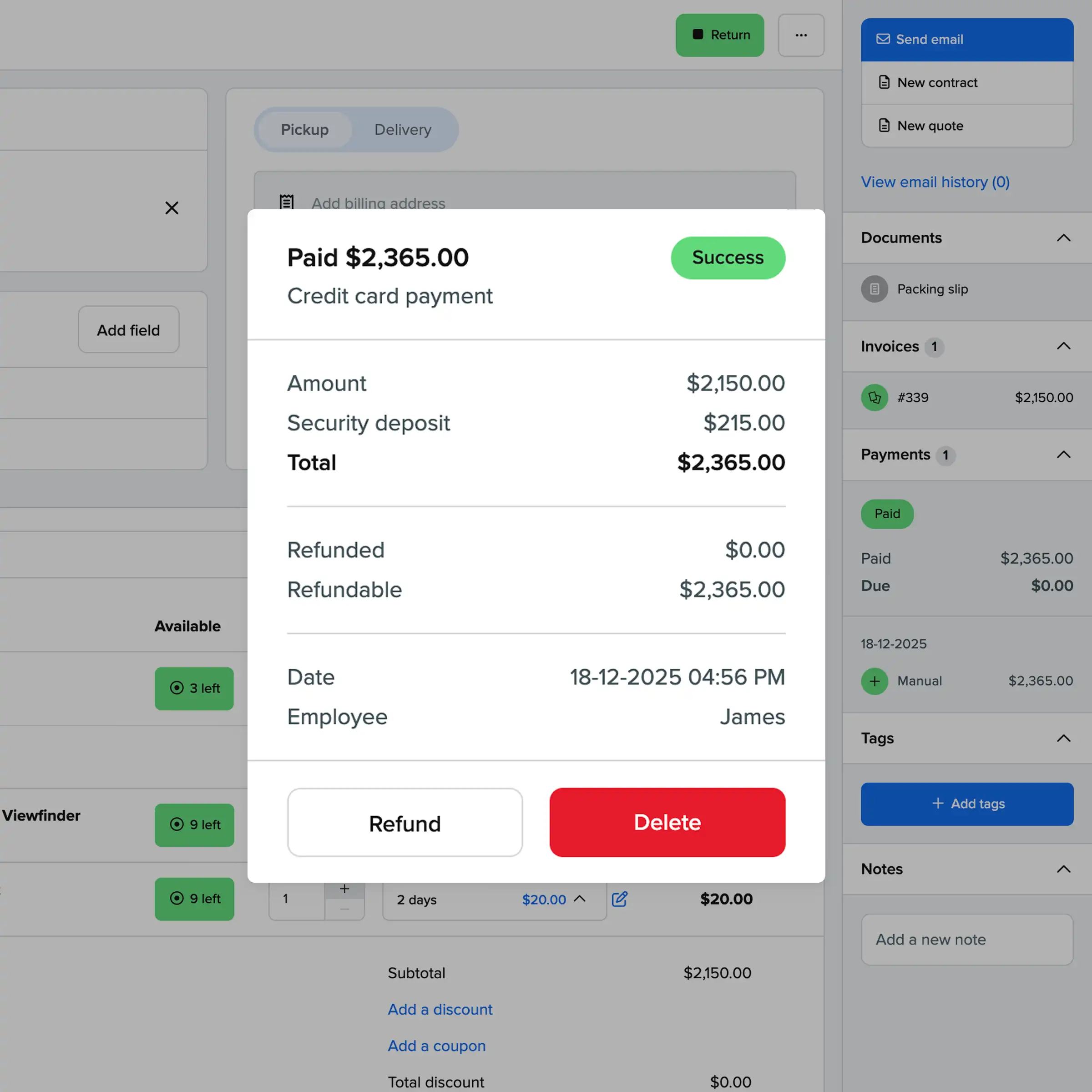 Booqable's payment processing showing a completed transaction