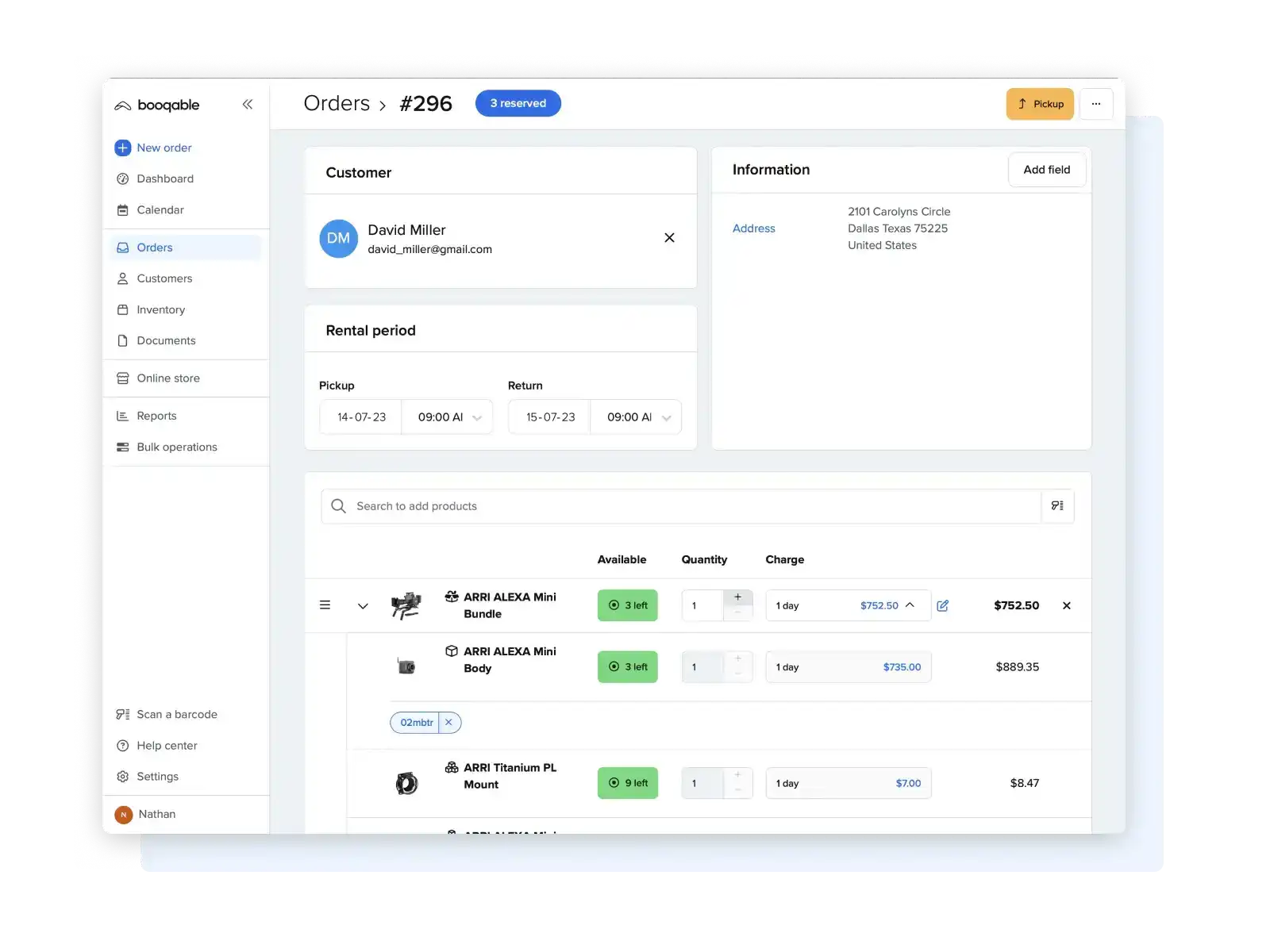 Screenshot of order creation in Booqable