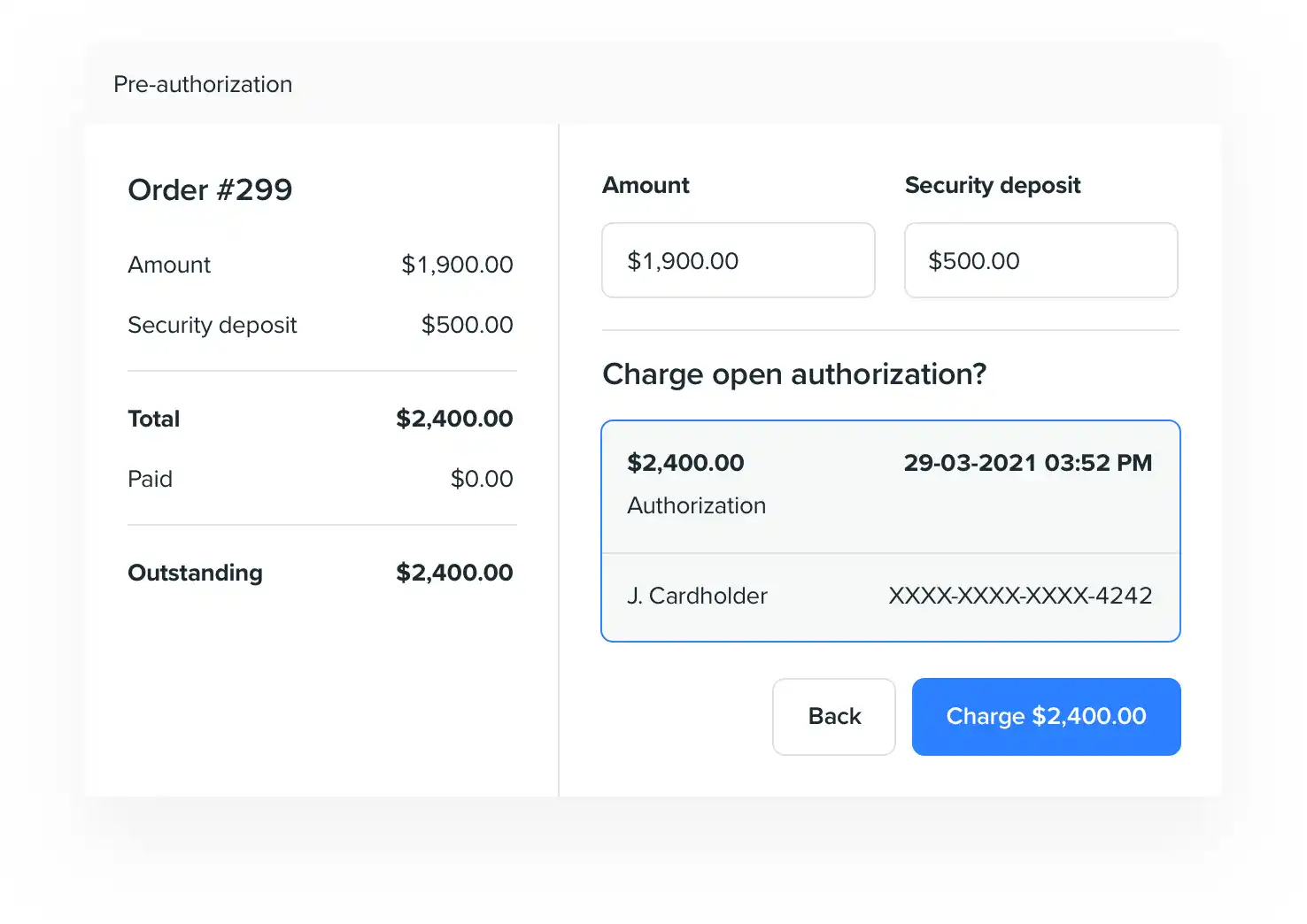 Pre-authorization screenshot in Booqable