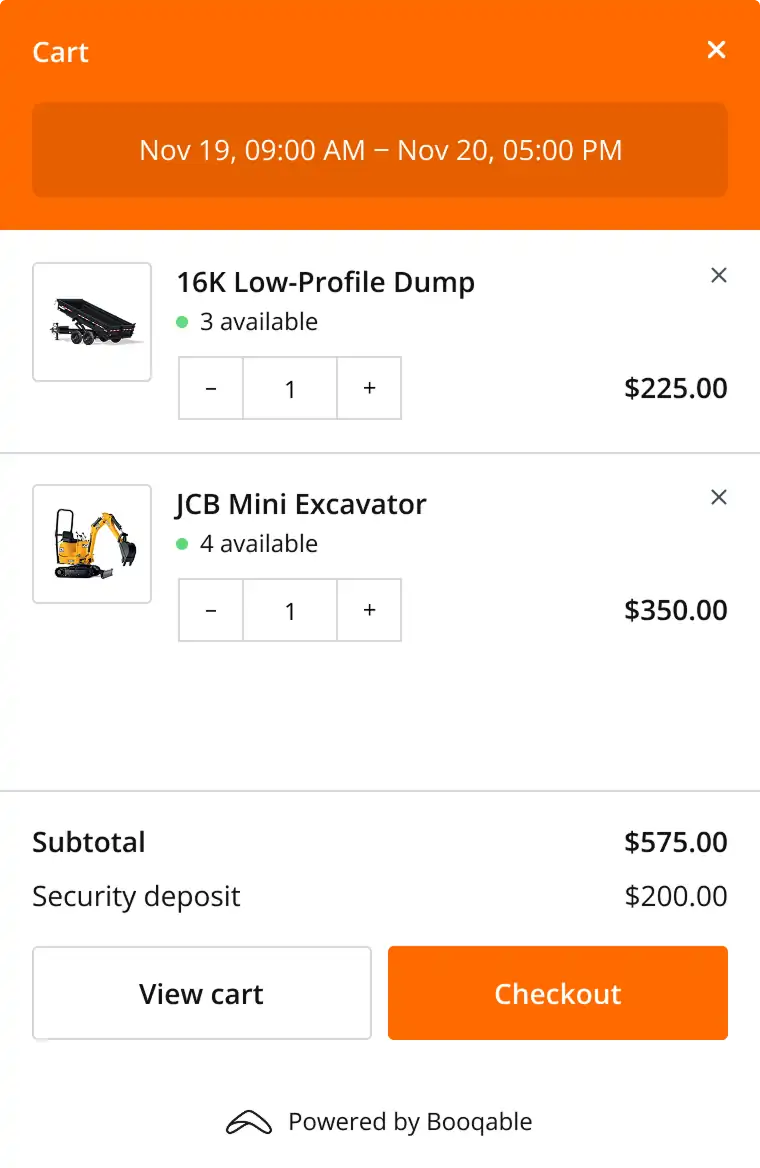 Booqable rental cart on a website