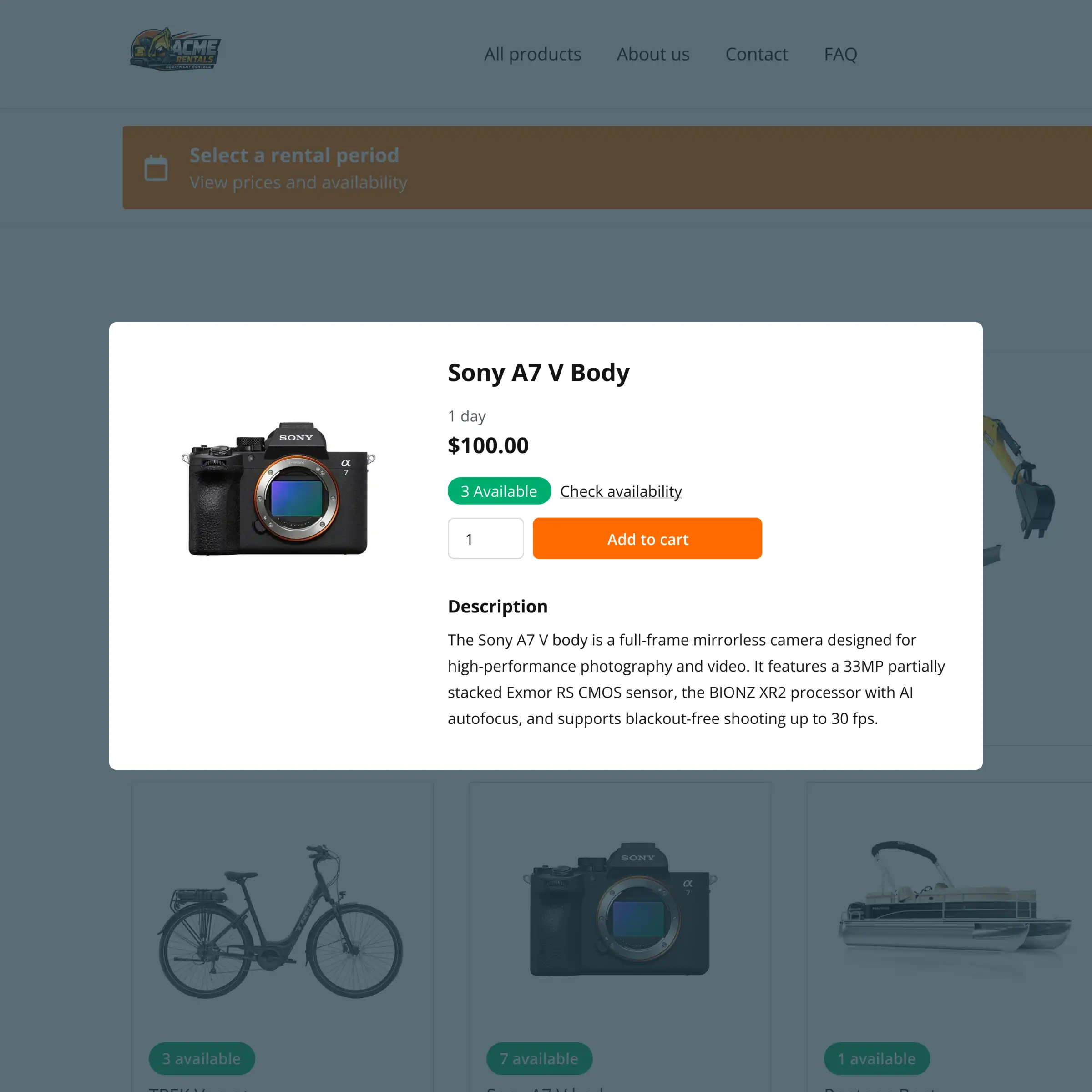 Booqable's booking page showing a rental product inventory