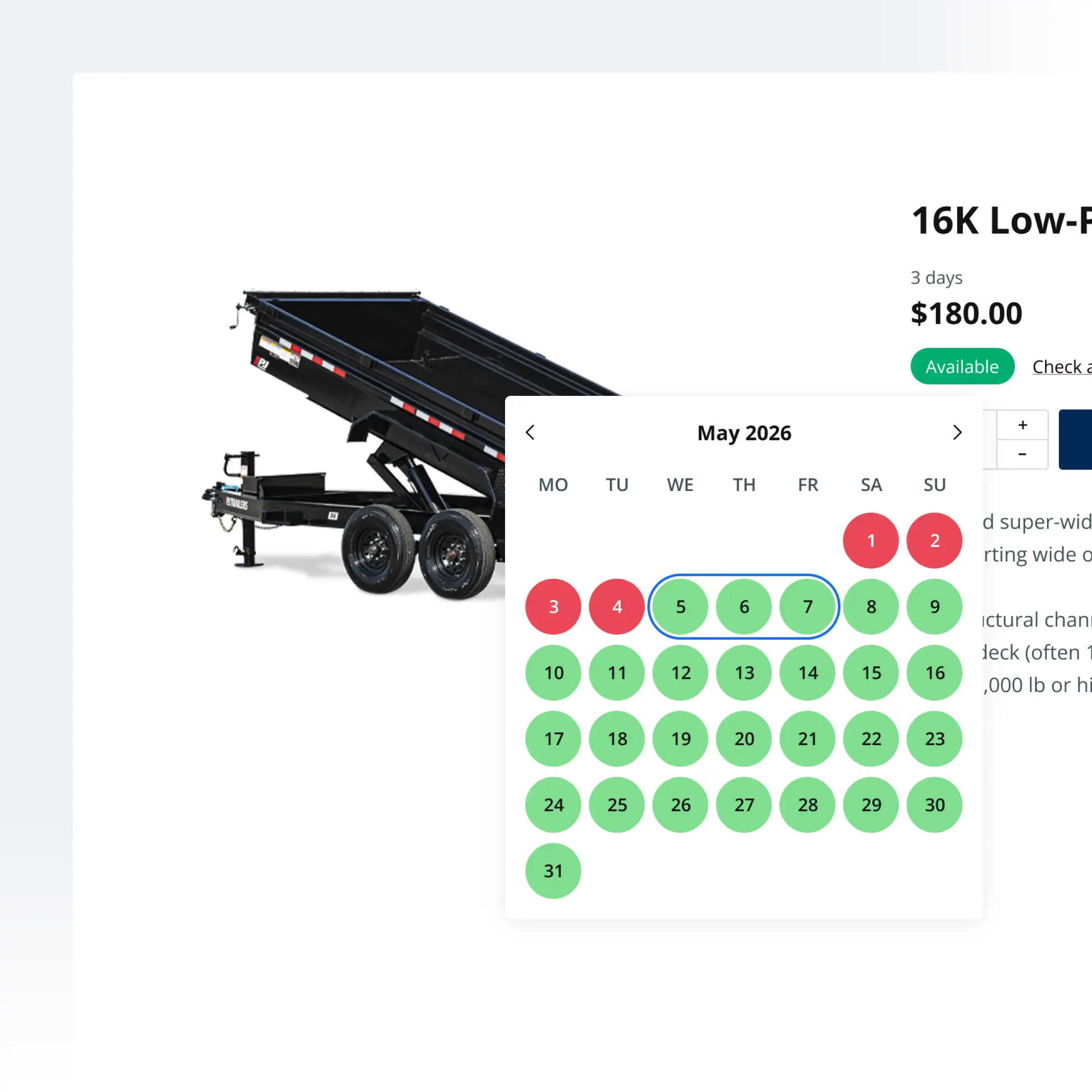 Booqable's booking page showing a rental product with a calendar of availability