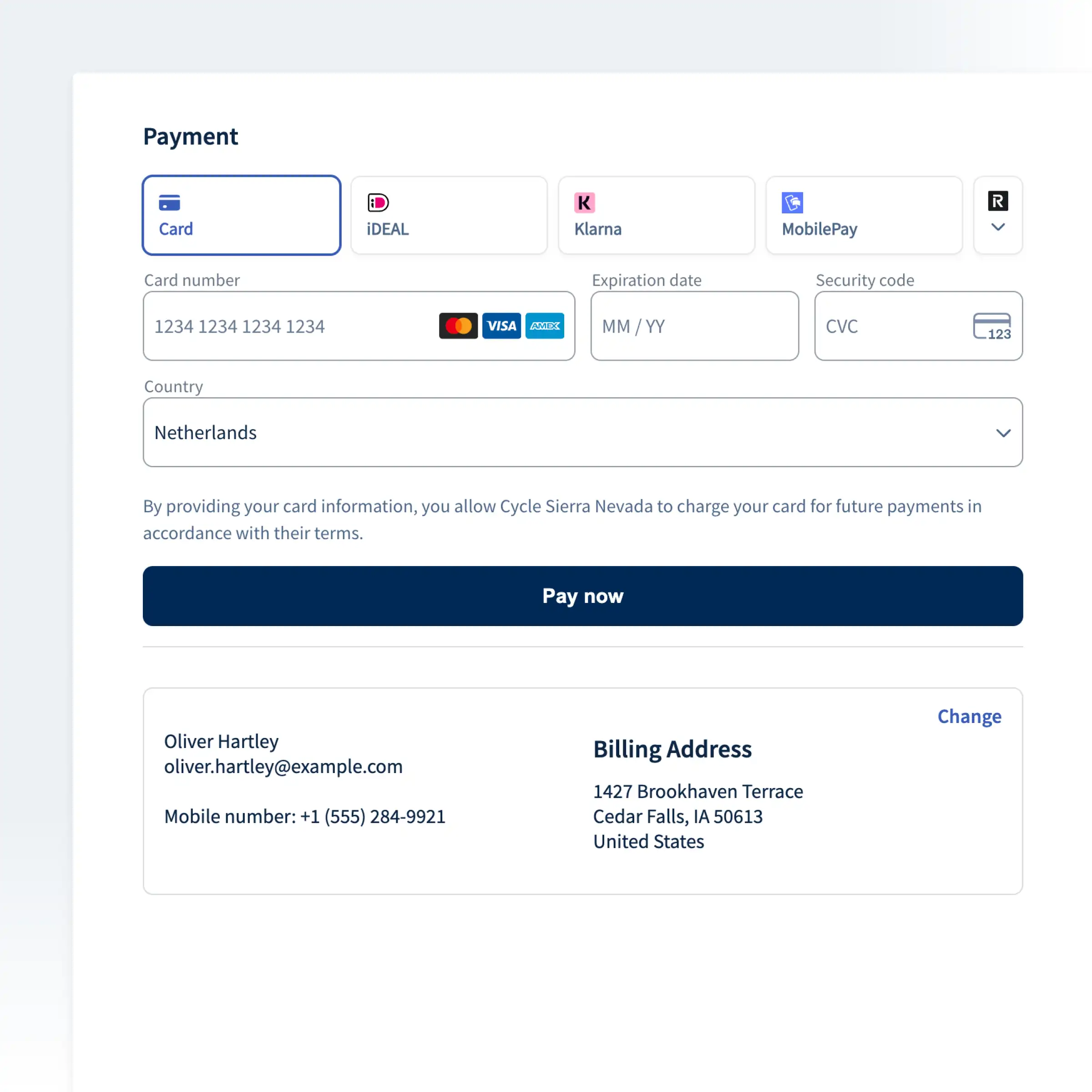 Booqable's checkout page showing a rental order summary with payment options