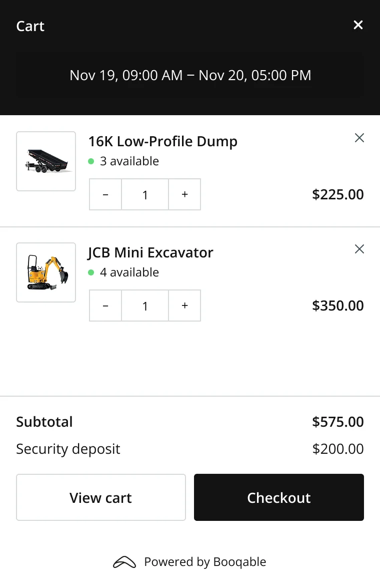 Booqable rental cart on a Squarespace website