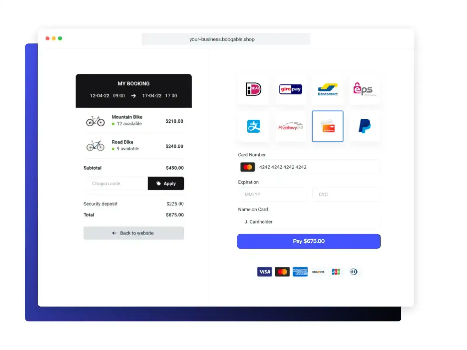 Mobile Booqable checkout with various payment methods