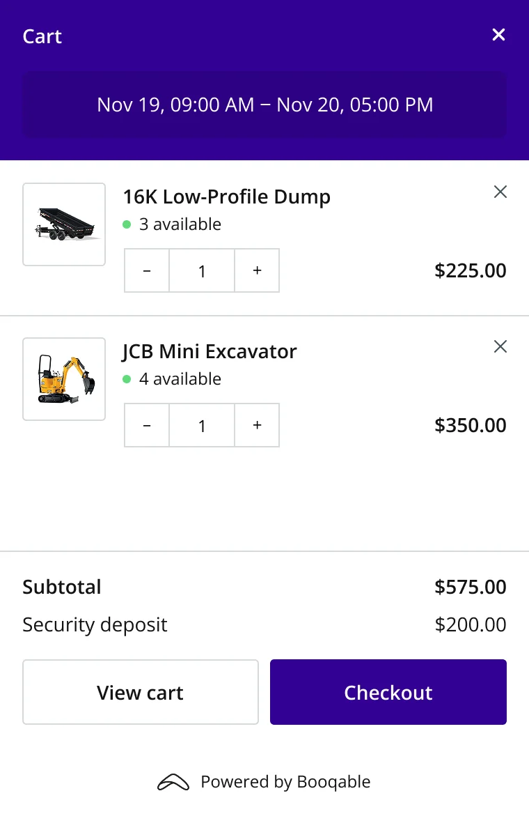 Booqable rental cart on a WooCommerce website