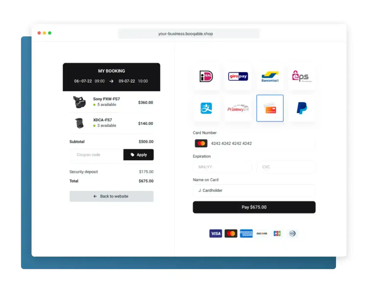 Booqable-hosted mobile checkout