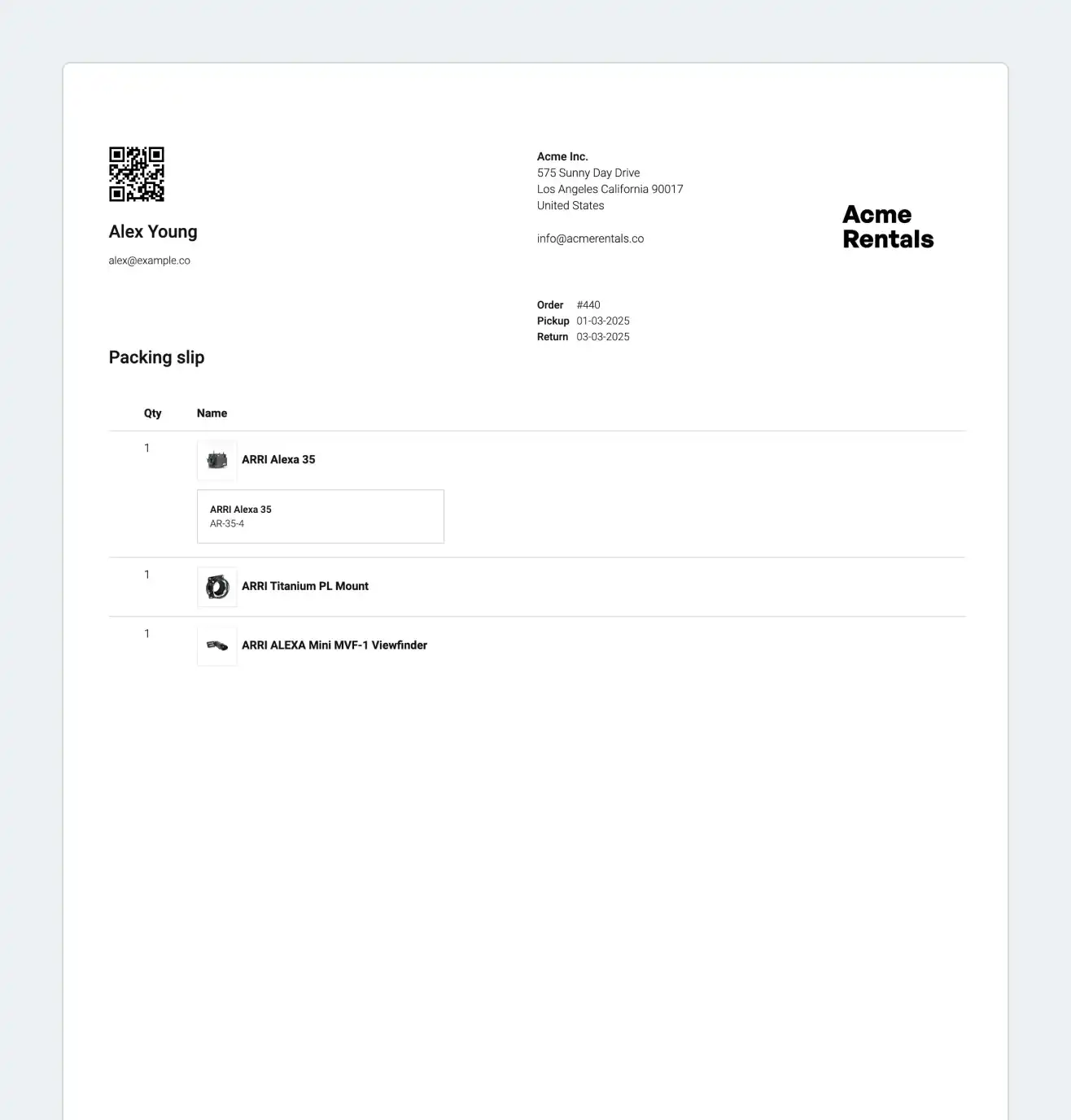 Packing slips & storage details