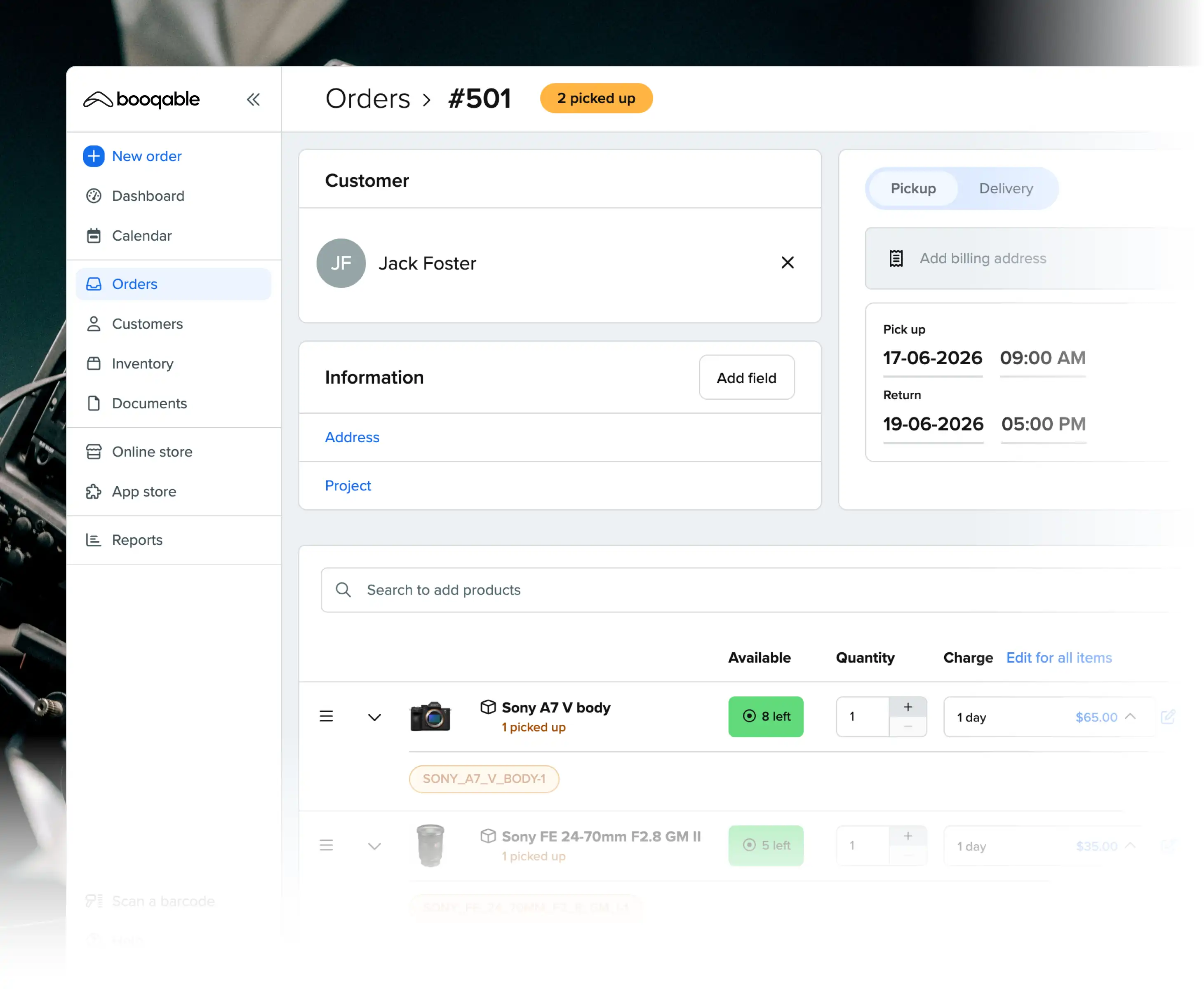 Rental pickup workflow using Booqable's AV rental software