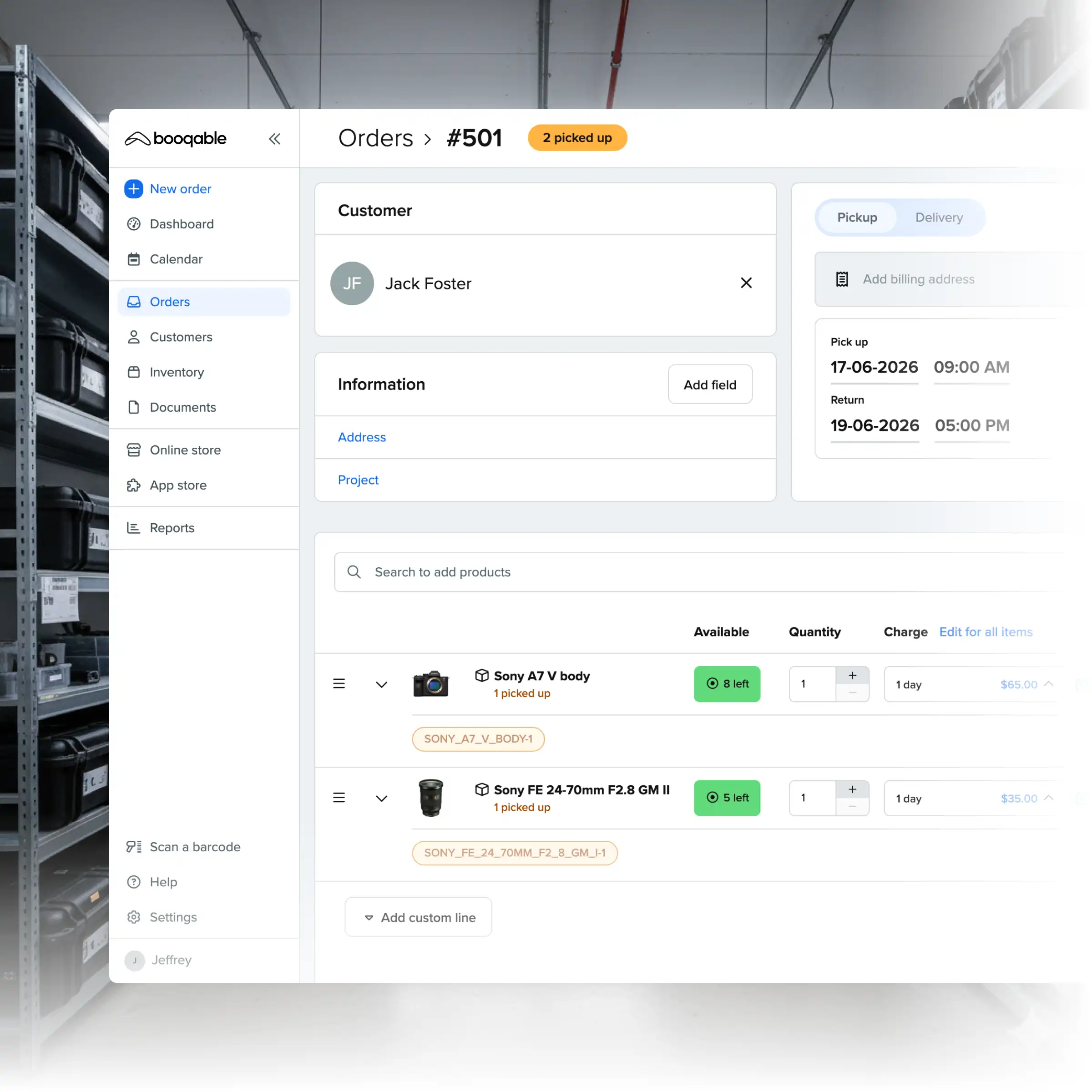 Booqable's AV rental software showing order management features