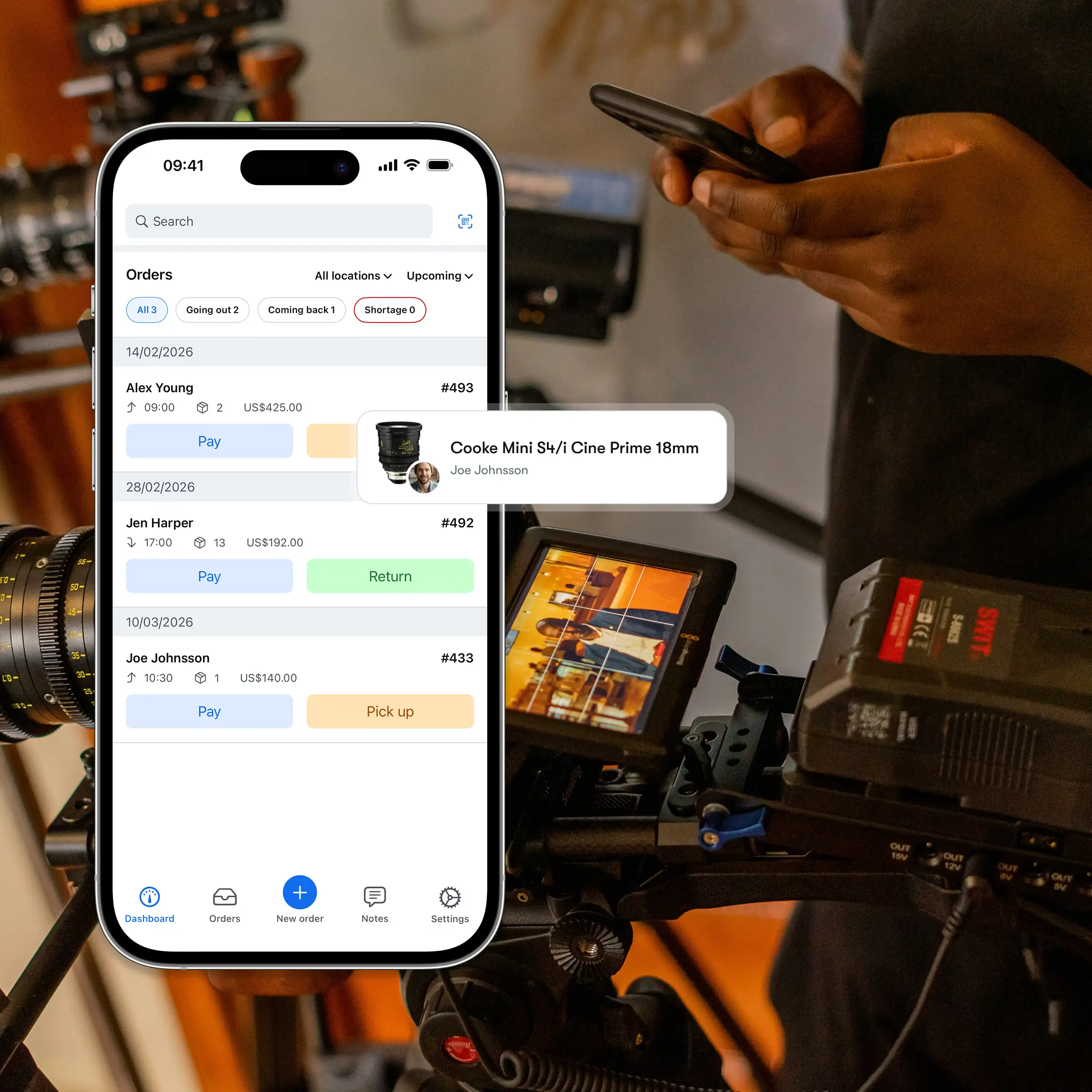 Booqable's AV rental software showing mobile app features