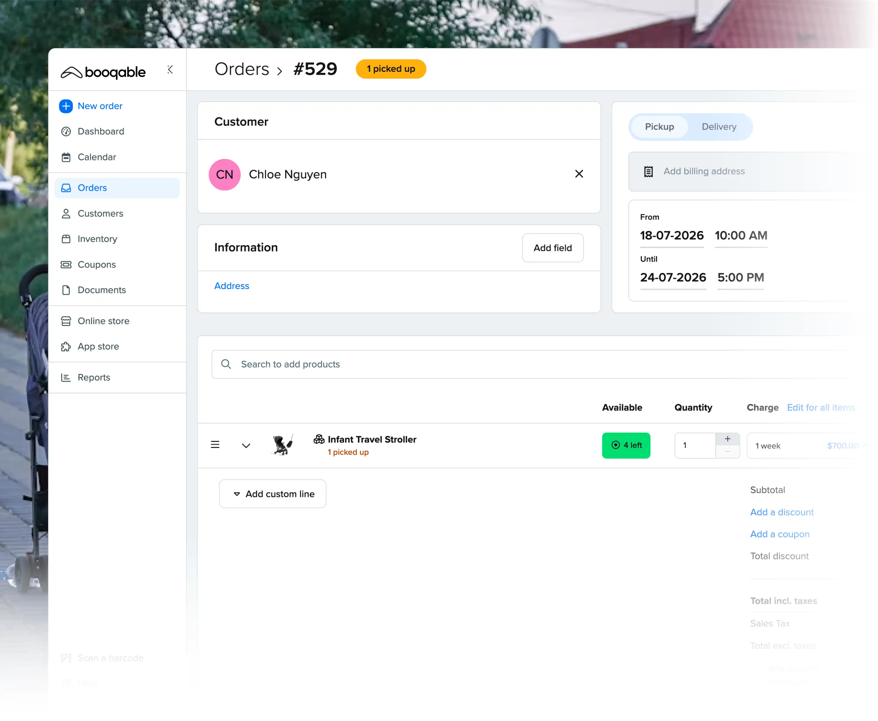 Rental pickup workflow using Booqable's baby equipment rental software