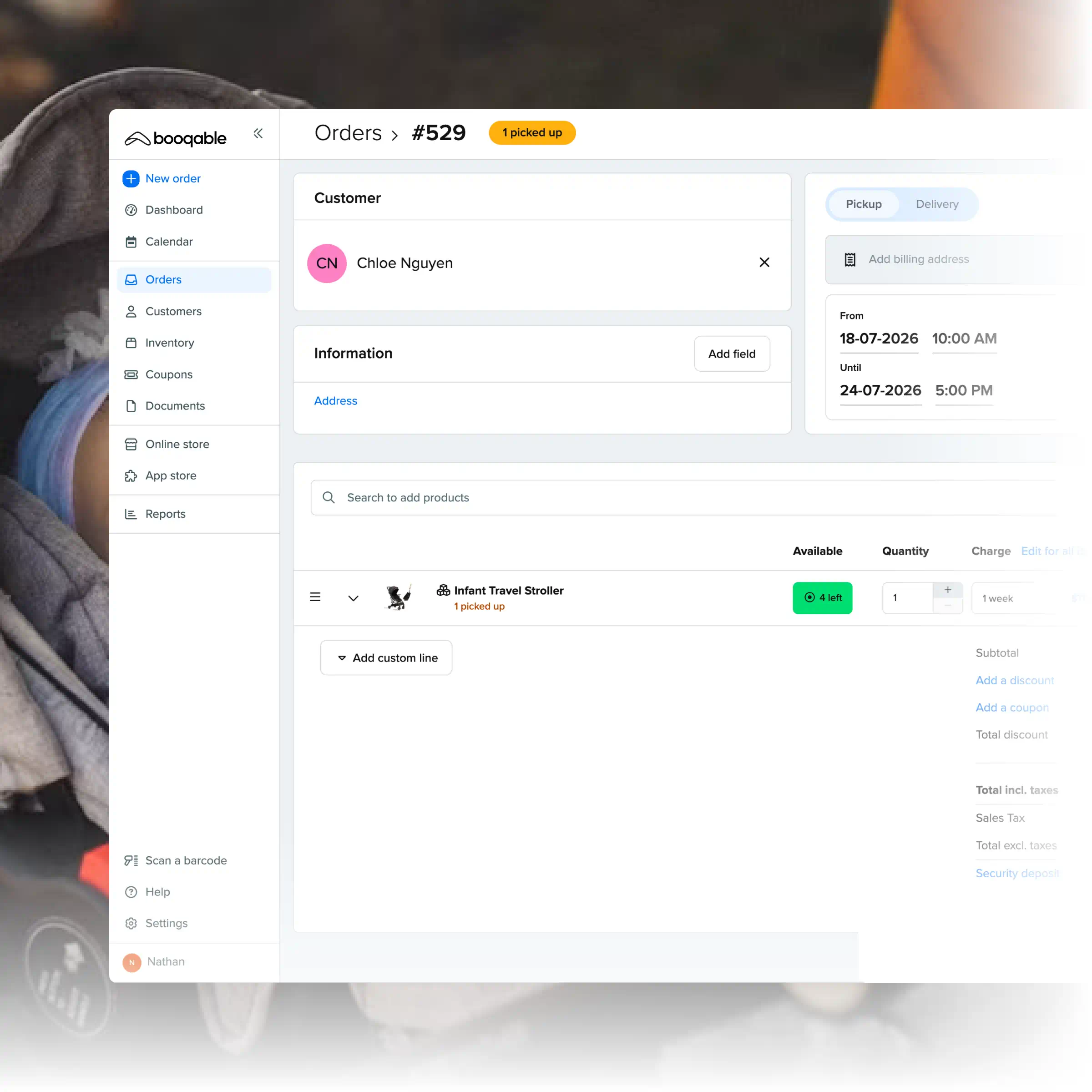 Booqable's baby equipment rental software showing order management features
