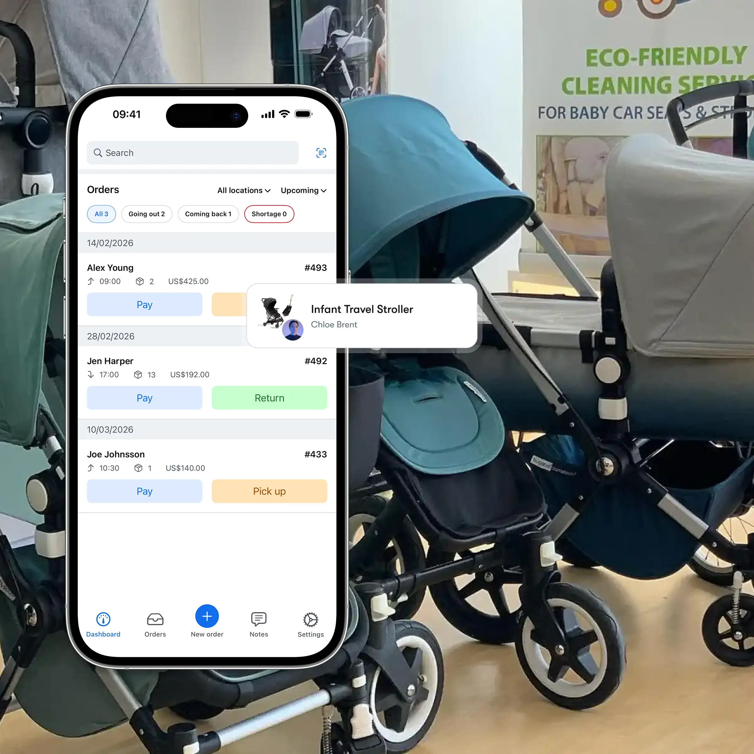 Booqable's baby equipment rental software showing mobile app features
