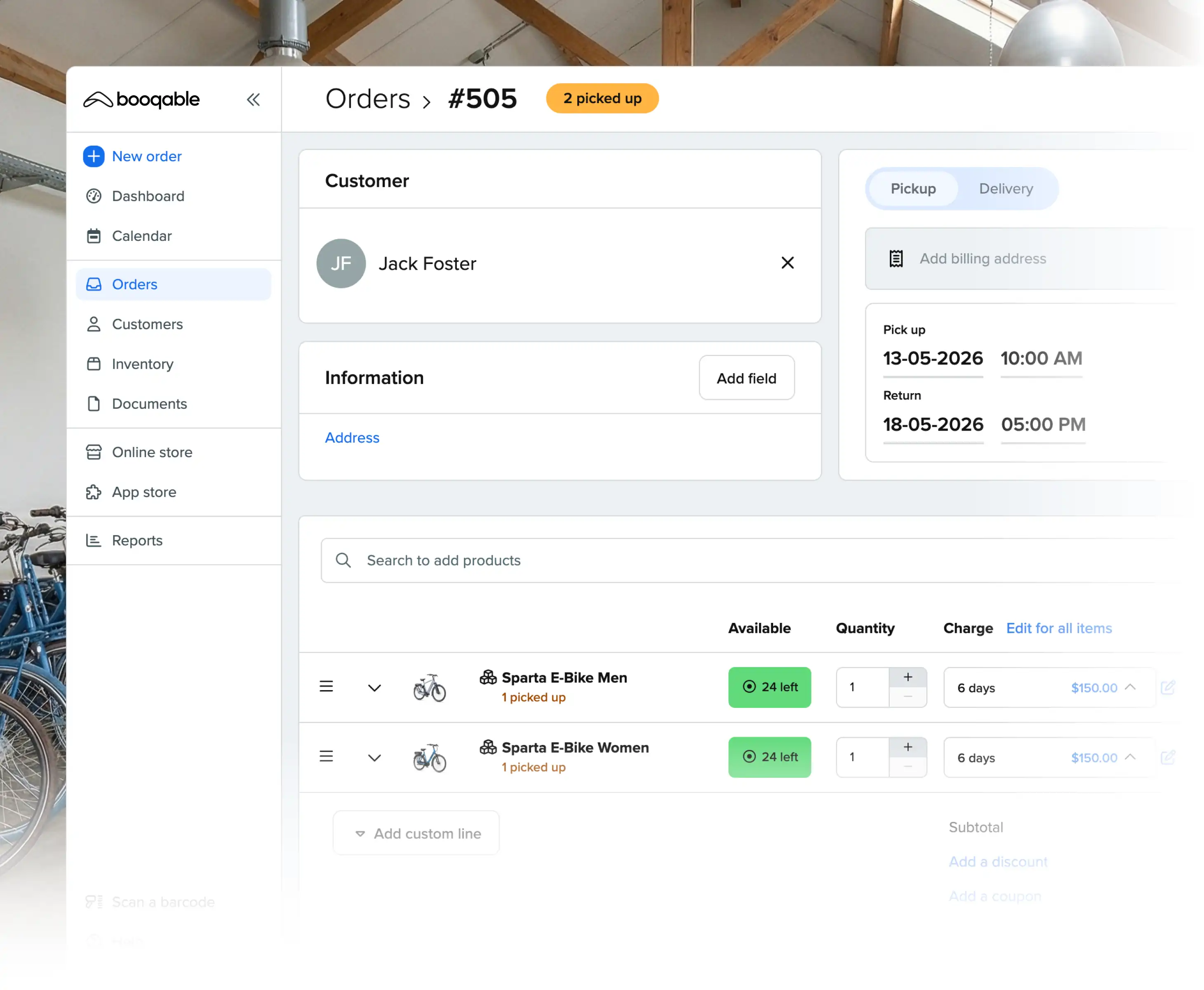 Rental pickup workflow using Booqable's bike rental software