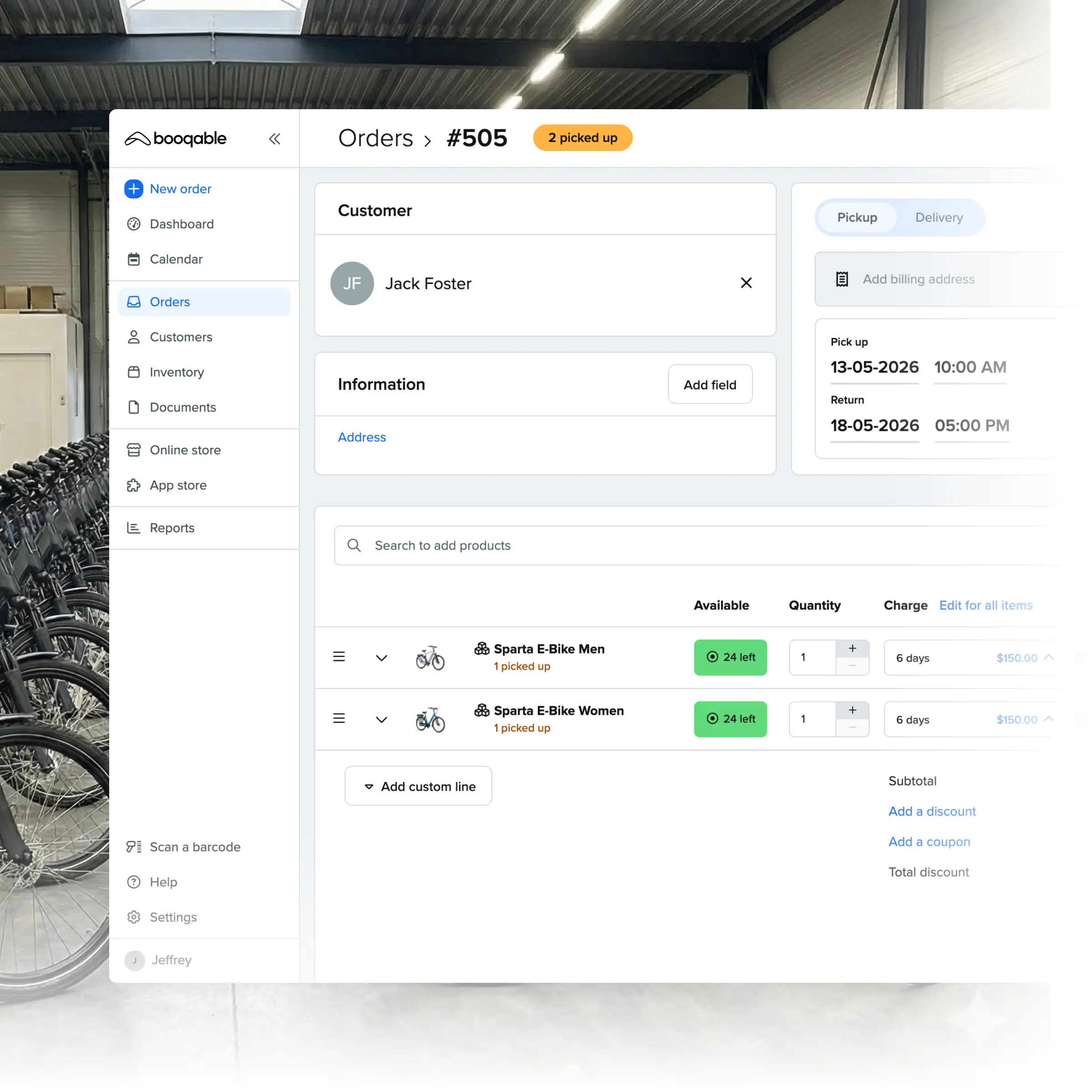 Booqable's bike rental software showing order management features