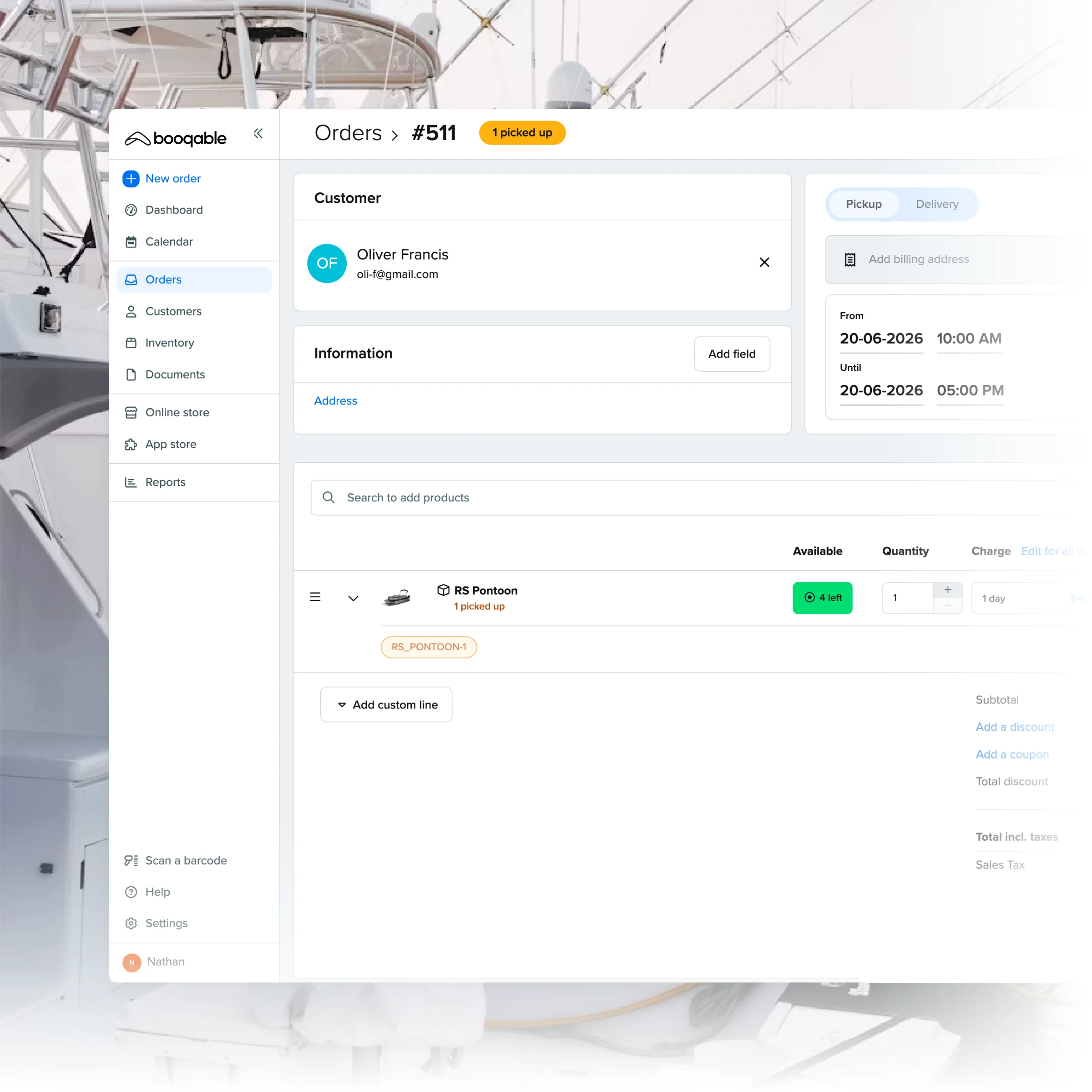 Booqable's boat rental software showing order management features