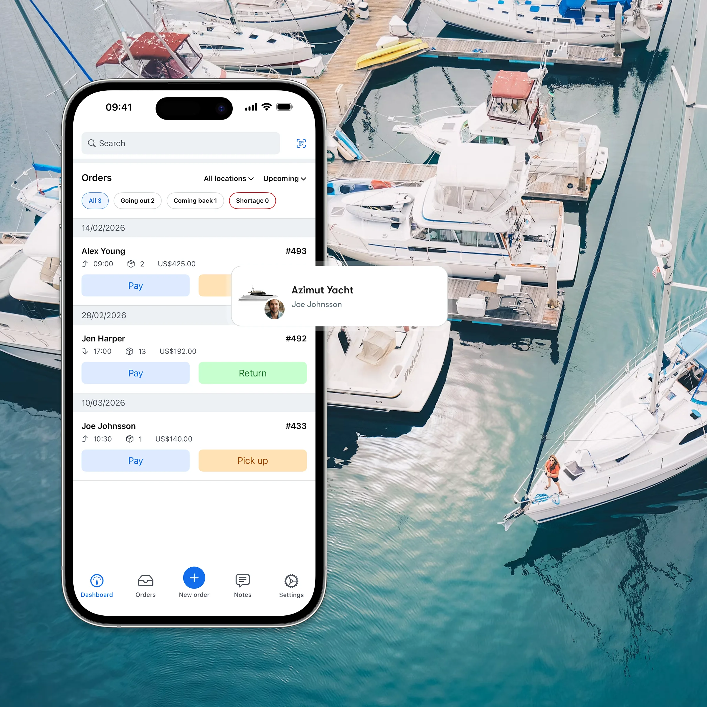 Booqable's boat rental software showing mobile app features
