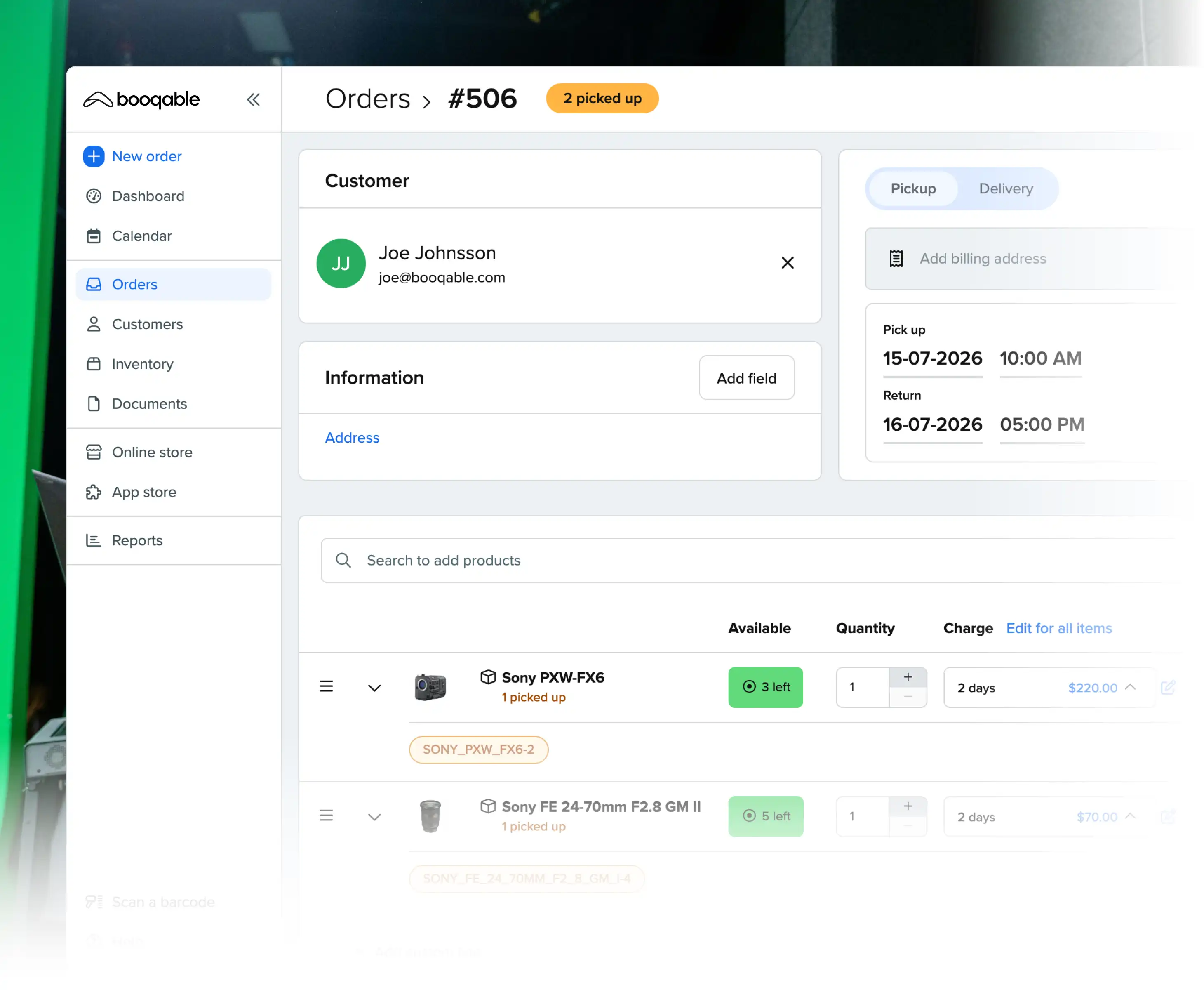 Rental pickup workflow at the counter using Booqable rental software