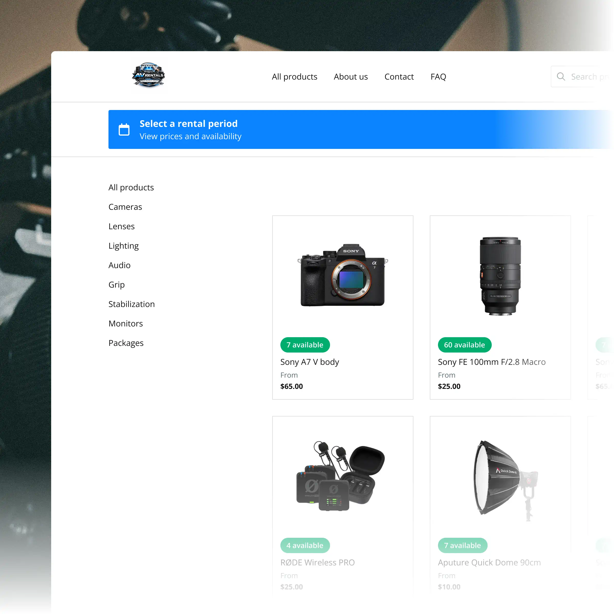 Booqable's camera rental software showing rental workflow features