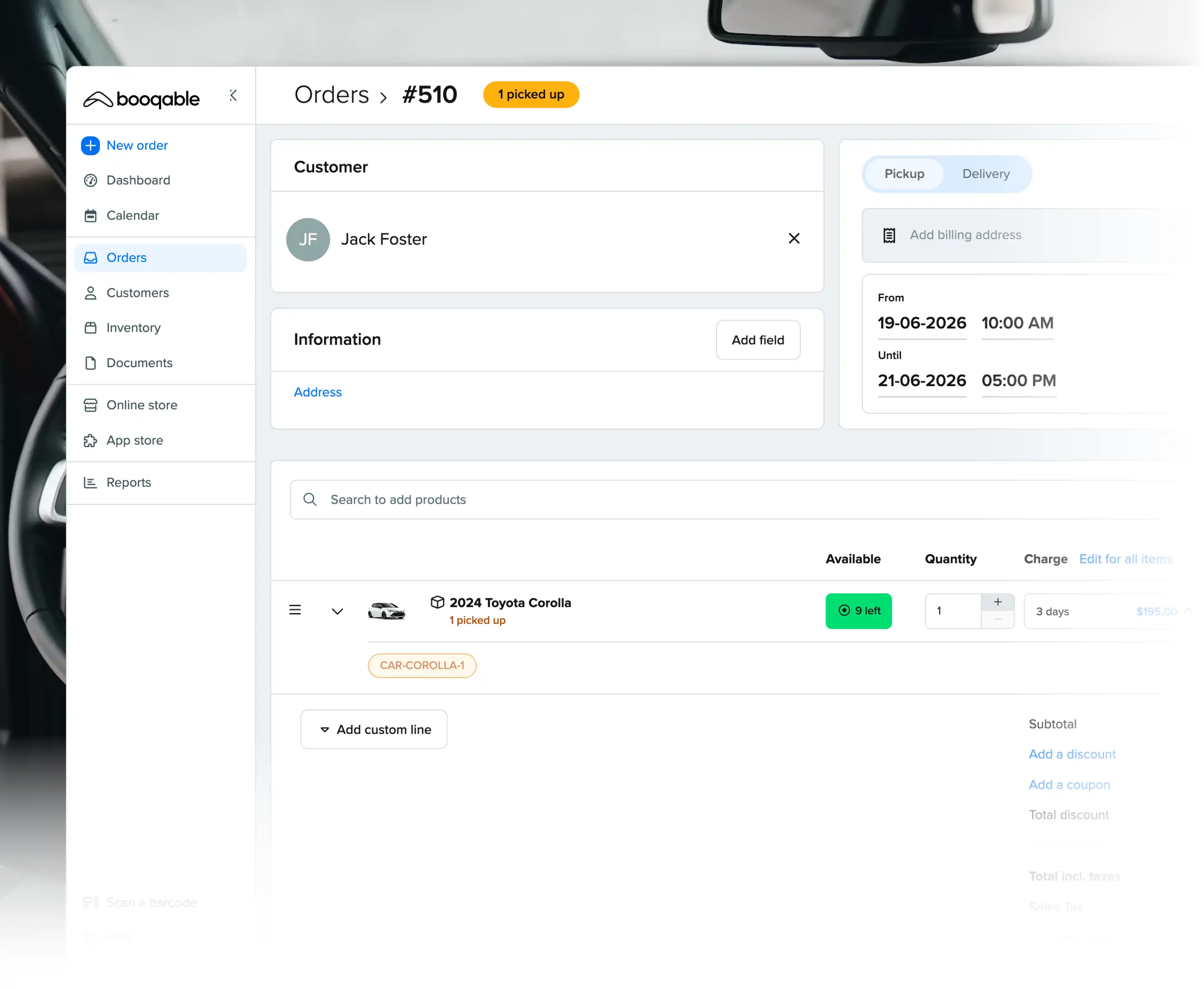 Rental pickup workflow using Booqable's car rental software