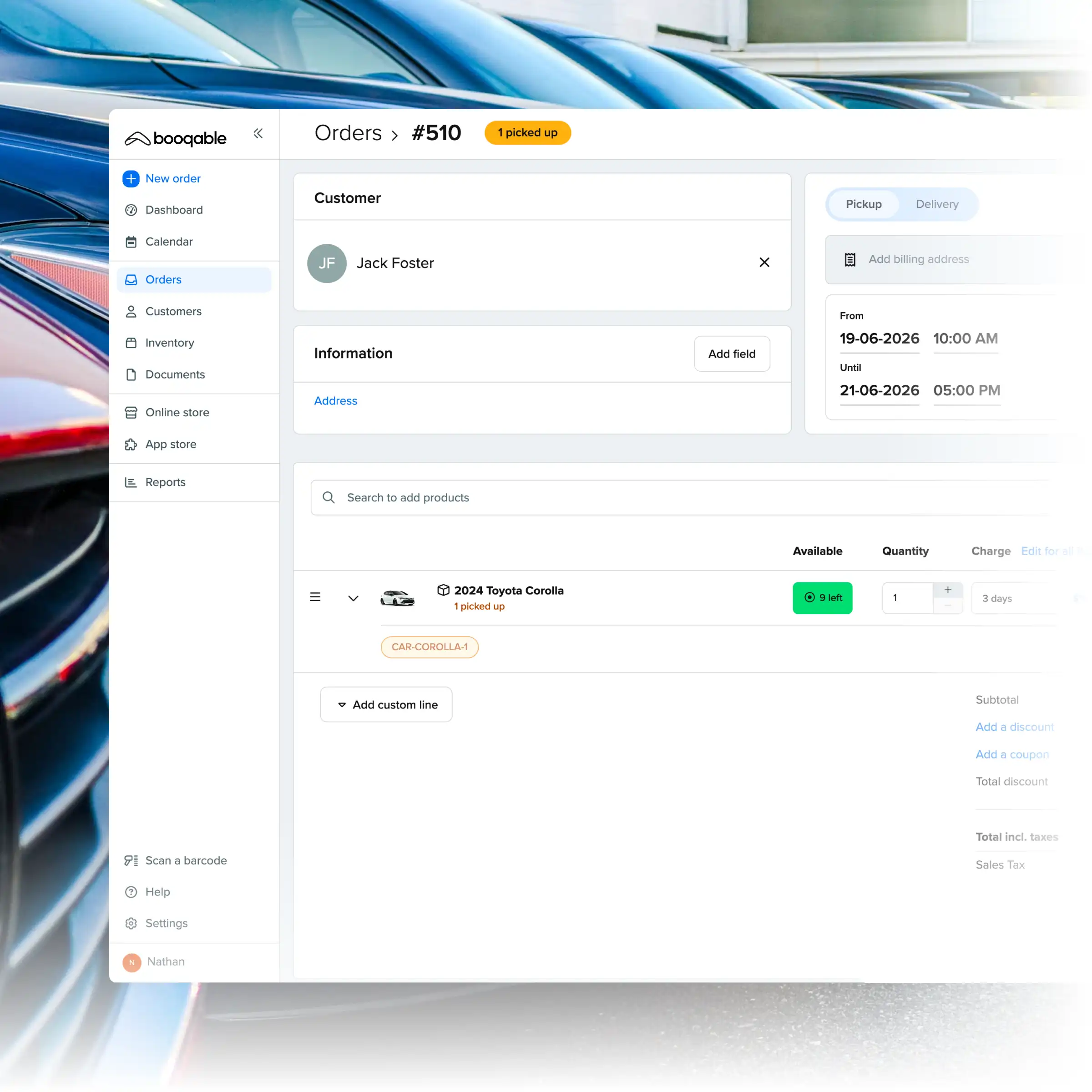 Booqable's car rental software showing order management features