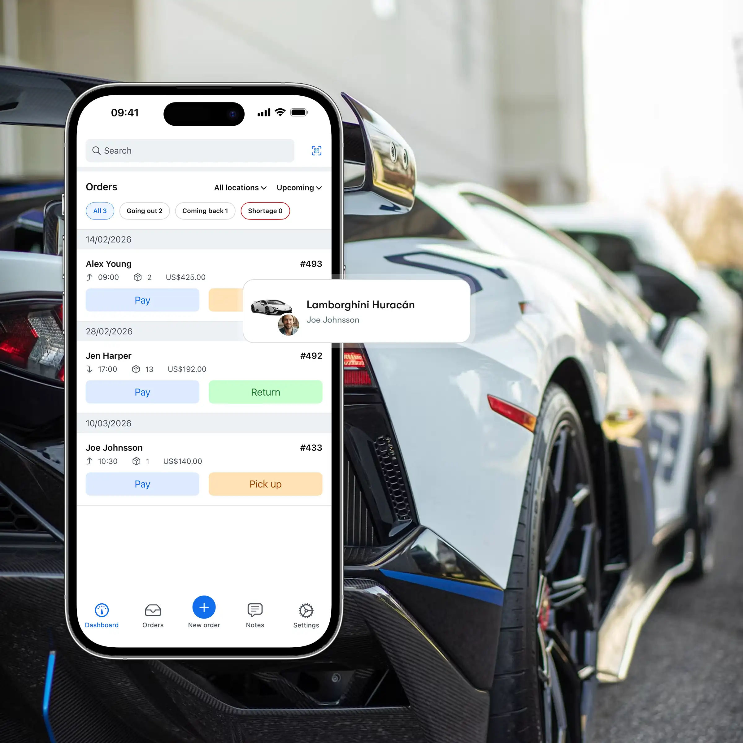 Booqable's car rental software showing mobile app features
