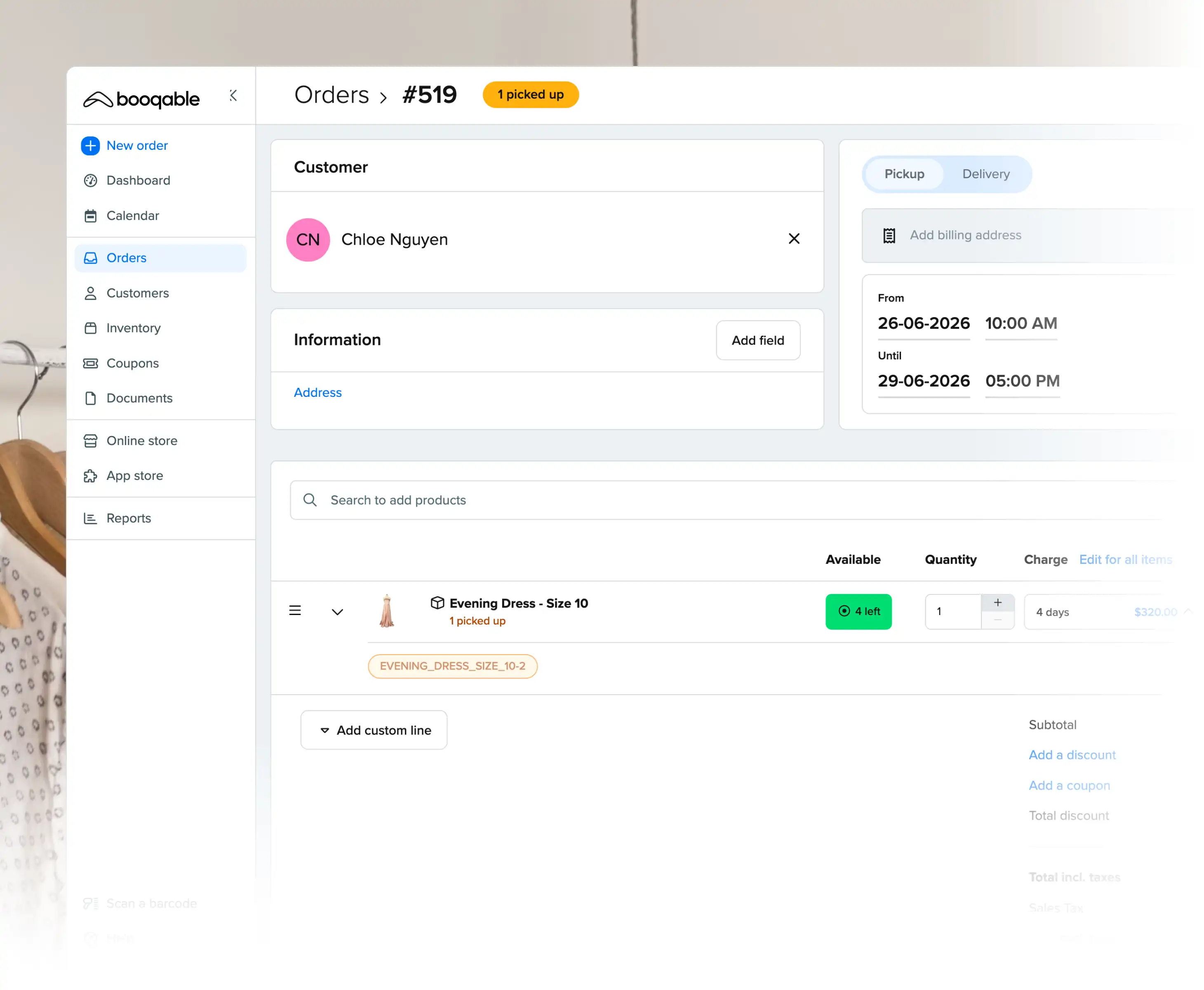 Rental pickup workflow using Booqable's trailer rental software