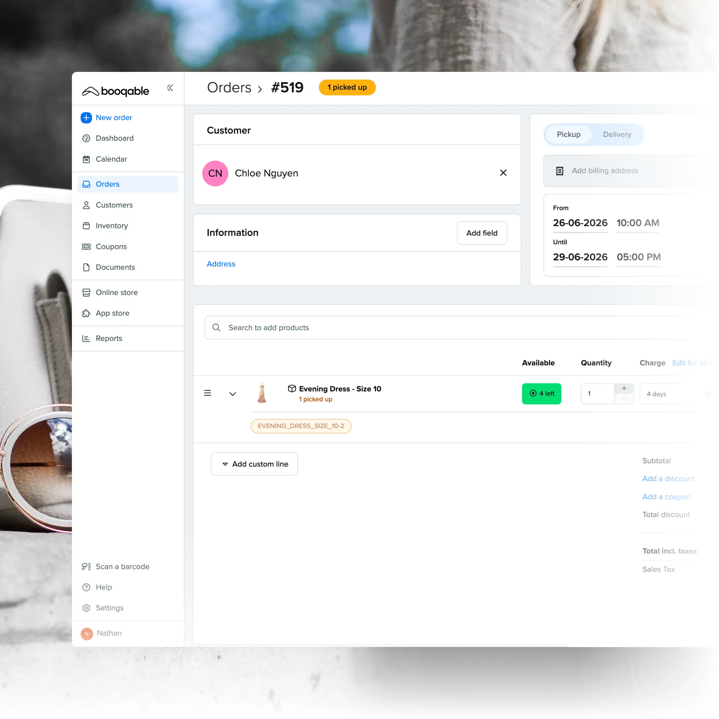 Booqable's trailer rental software showing order management features