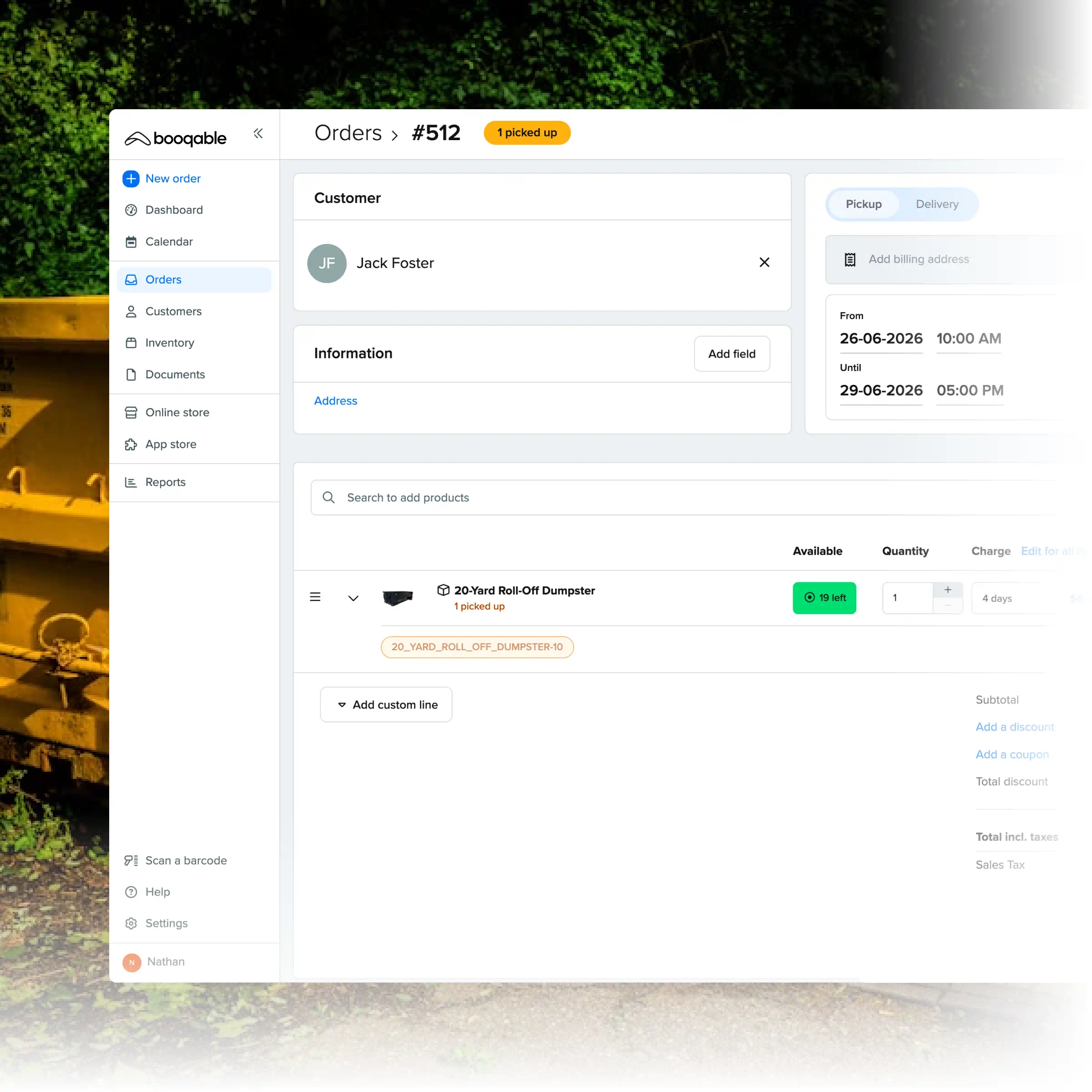 Booqable's dumpster rental software showing order management features
