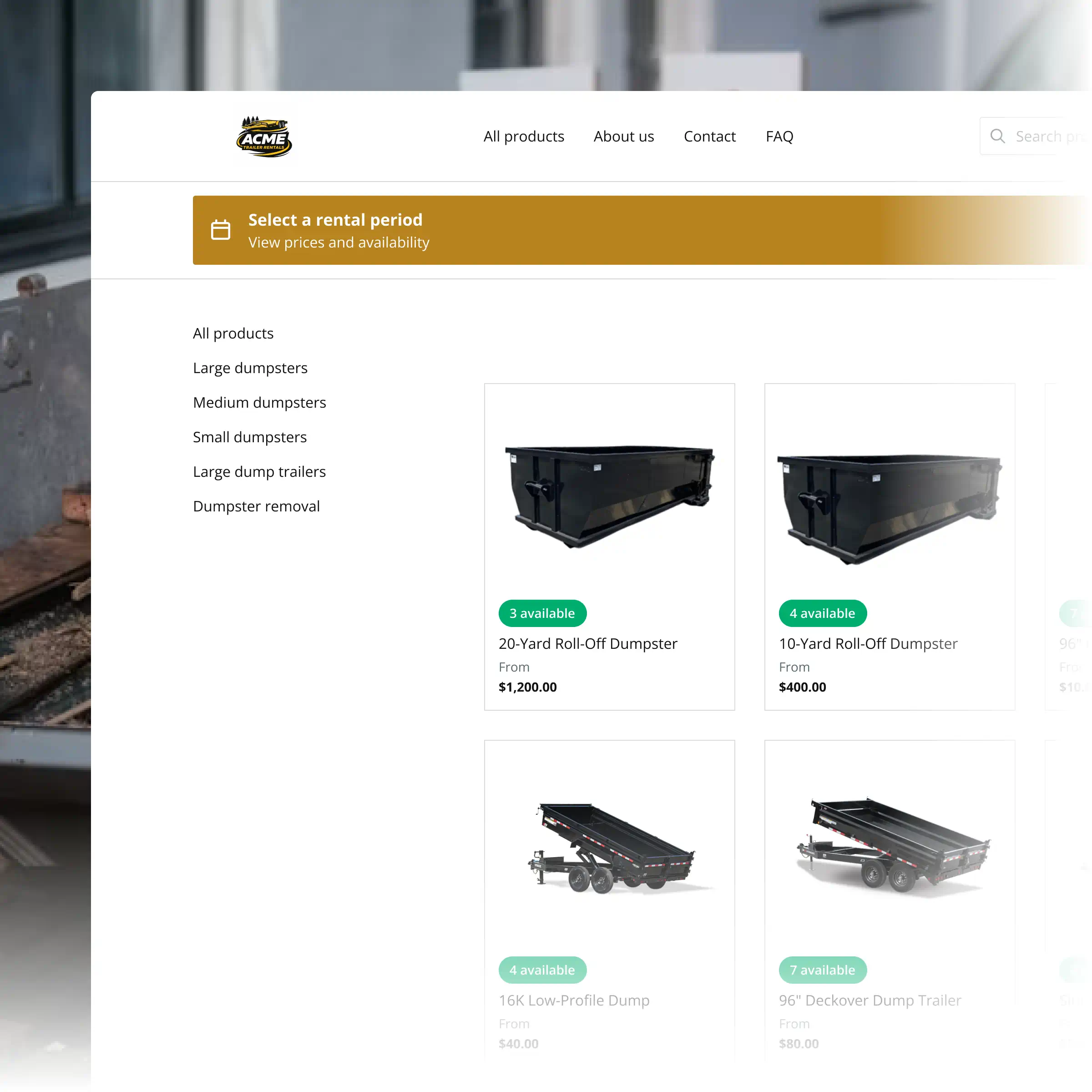 Booqable's dumpster rental software showing rental workflow features