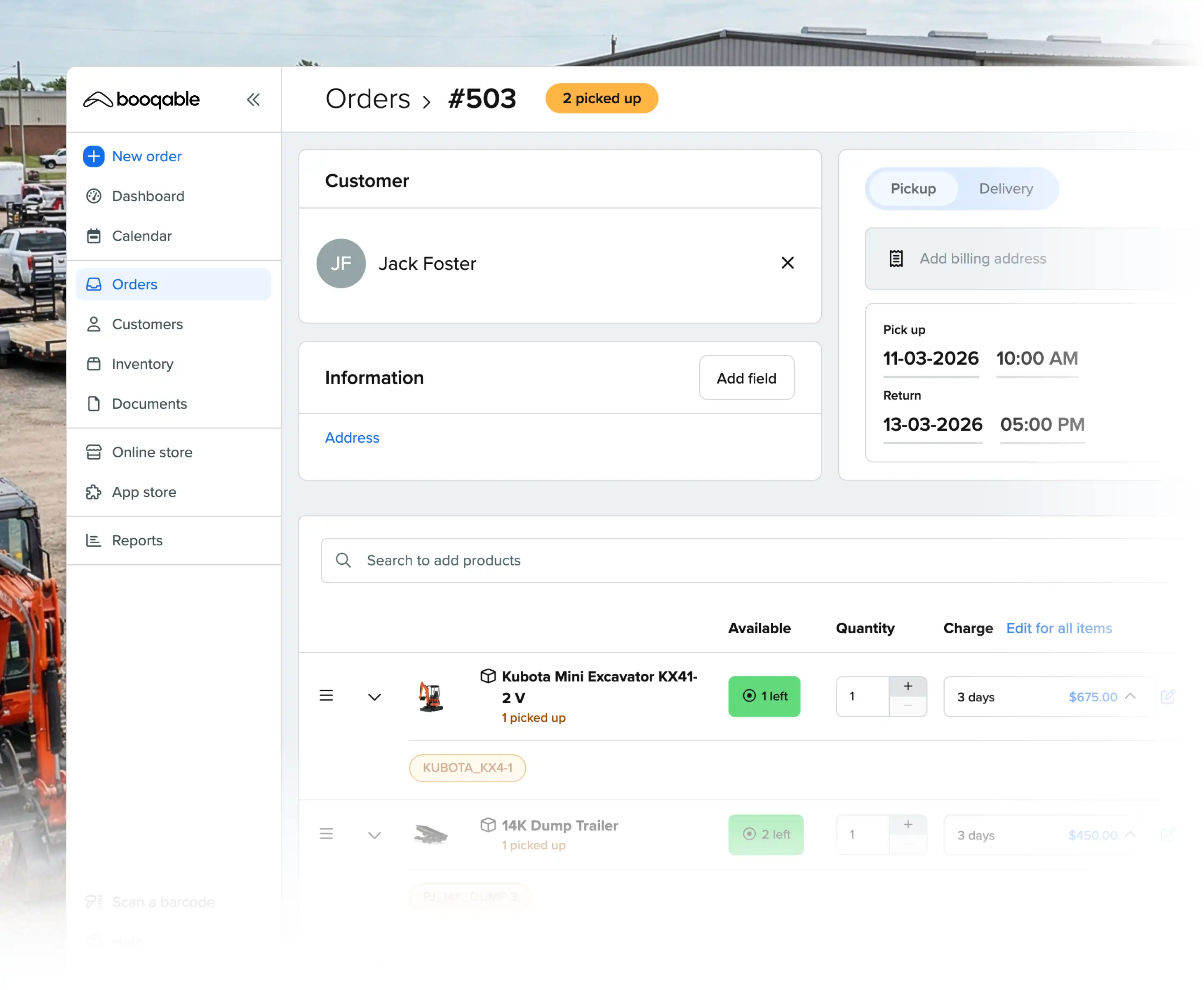 Rental pickup workflow using Booqable's equipment rental software
