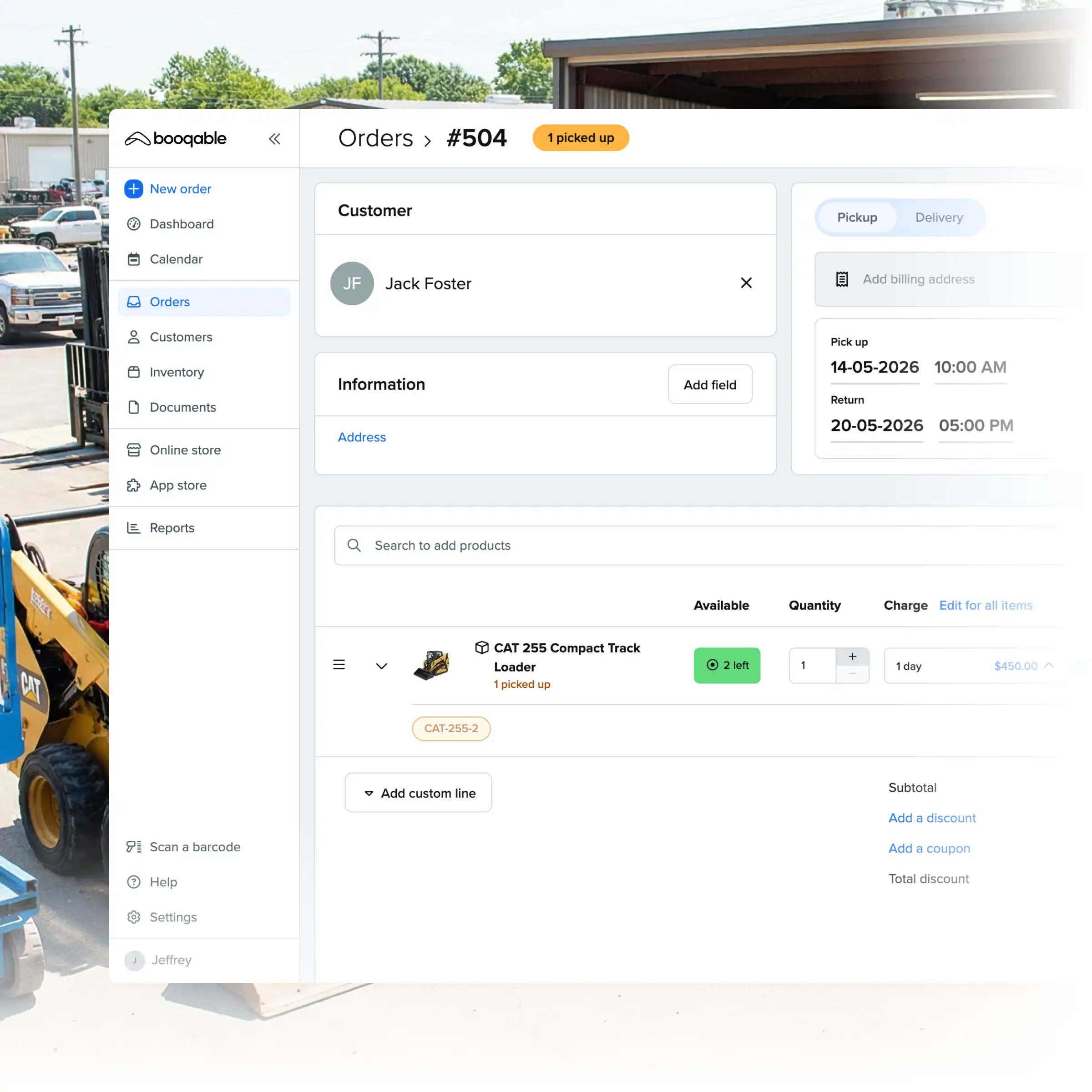 Booqable's equipment rental software showing order management features