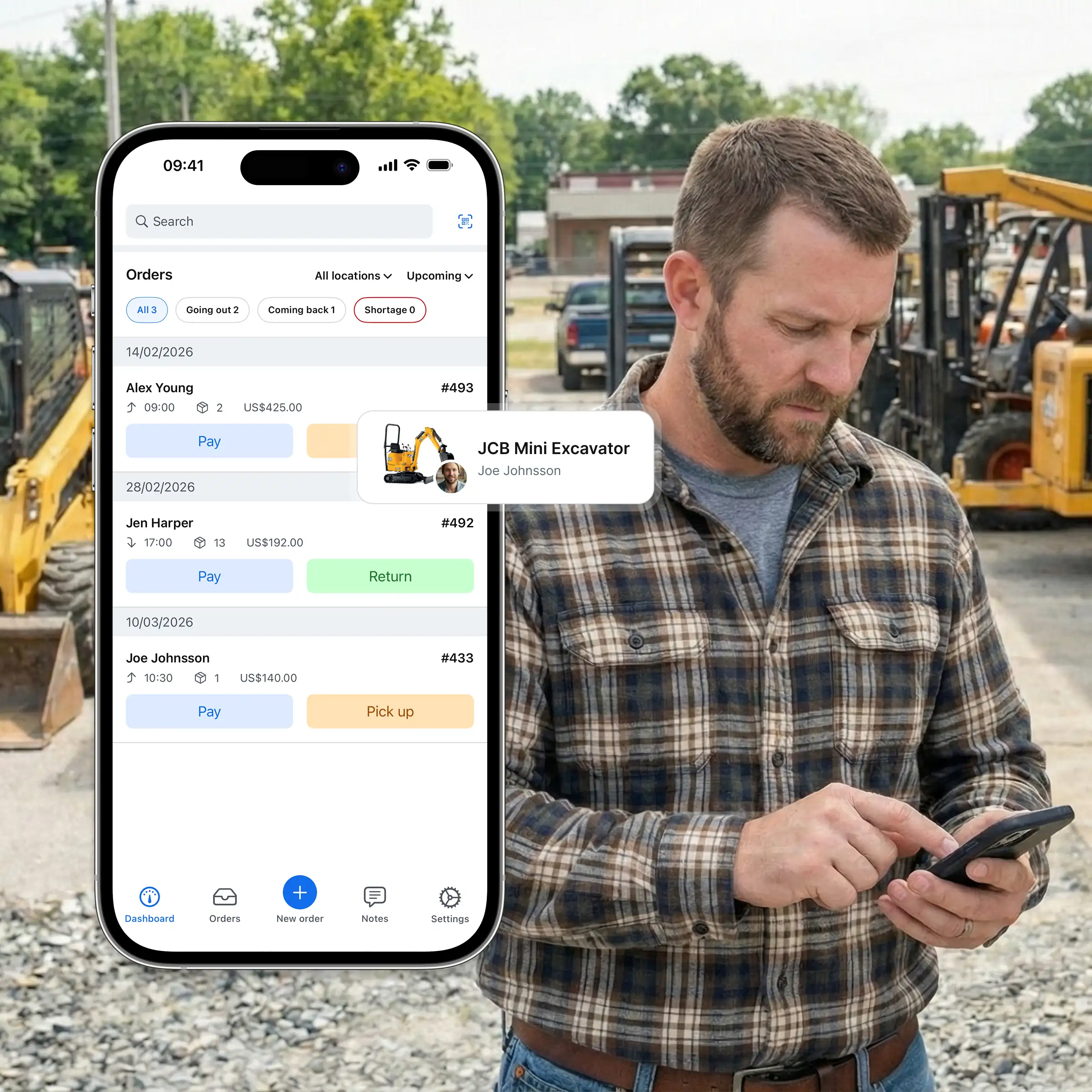 Booqable's equipment rental software showing mobile app features