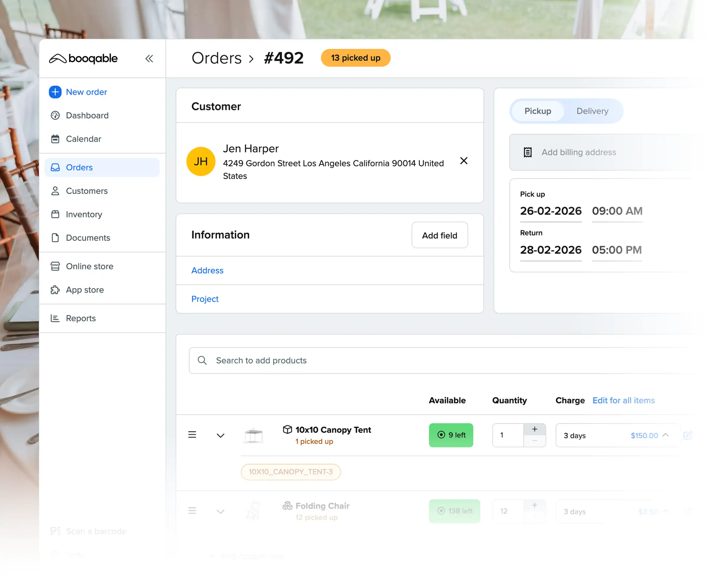 Rental pickup workflow using Booqable's event / party rental software