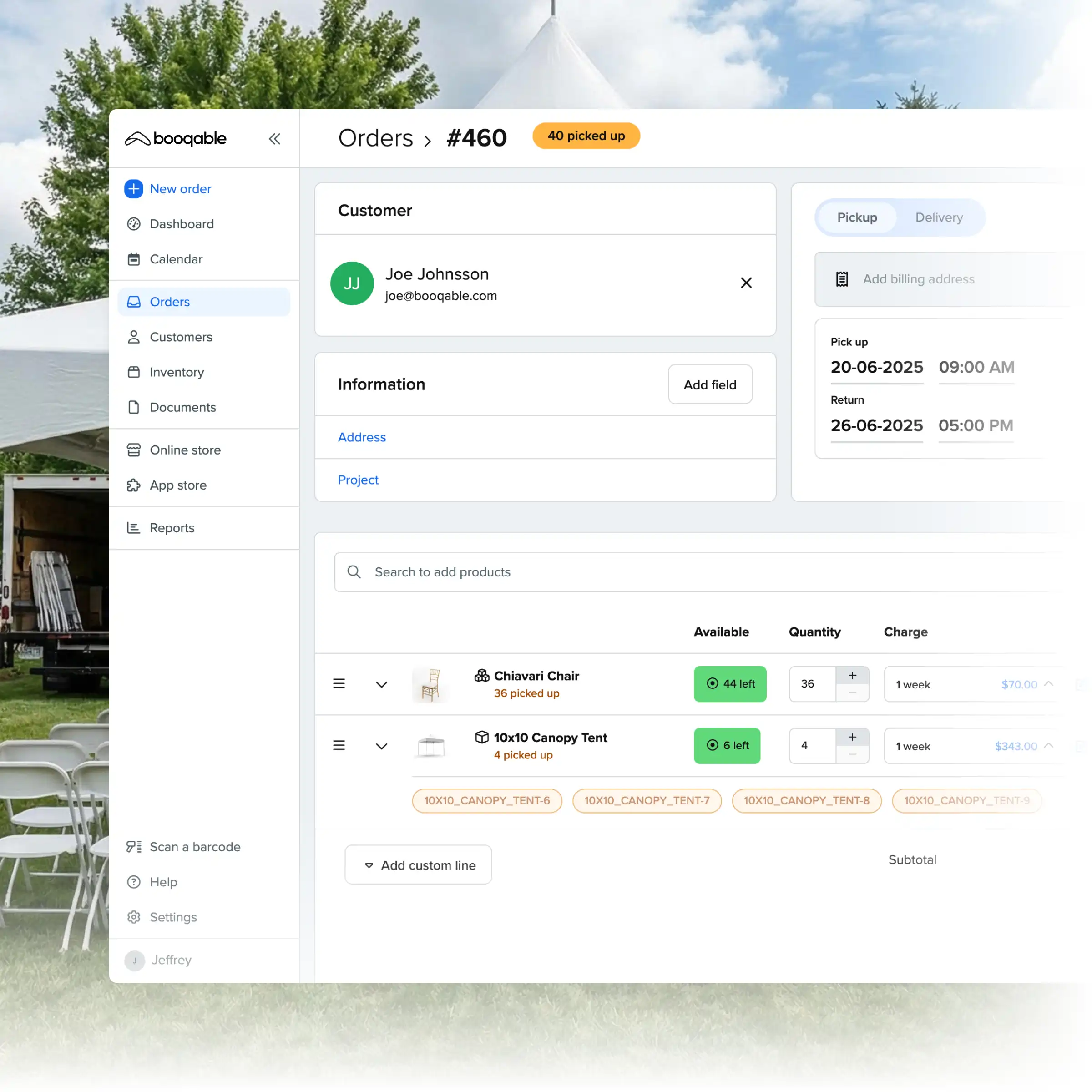 Booqable's event / party rental software showing order management features