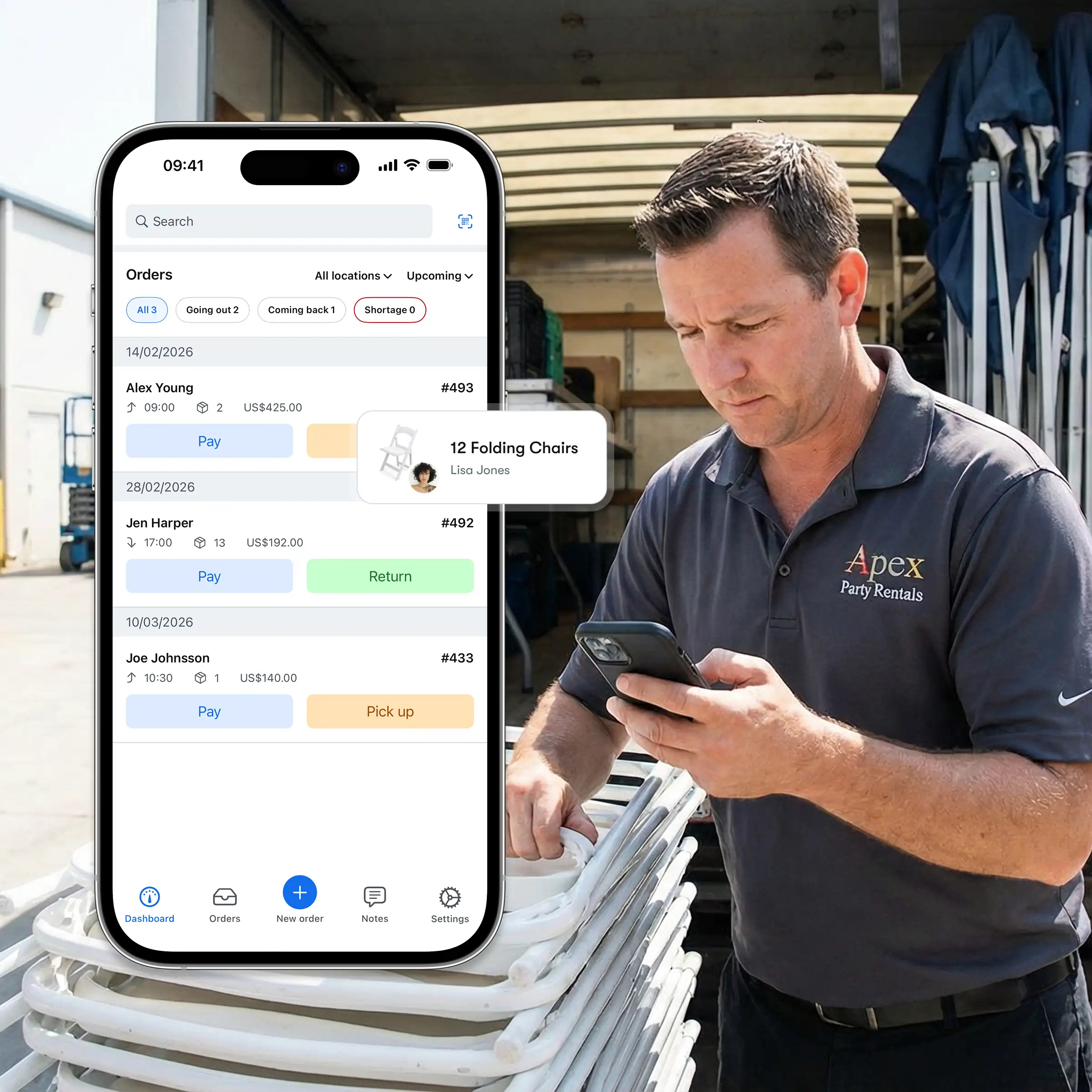Booqable's event / party rental software showing mobile app features