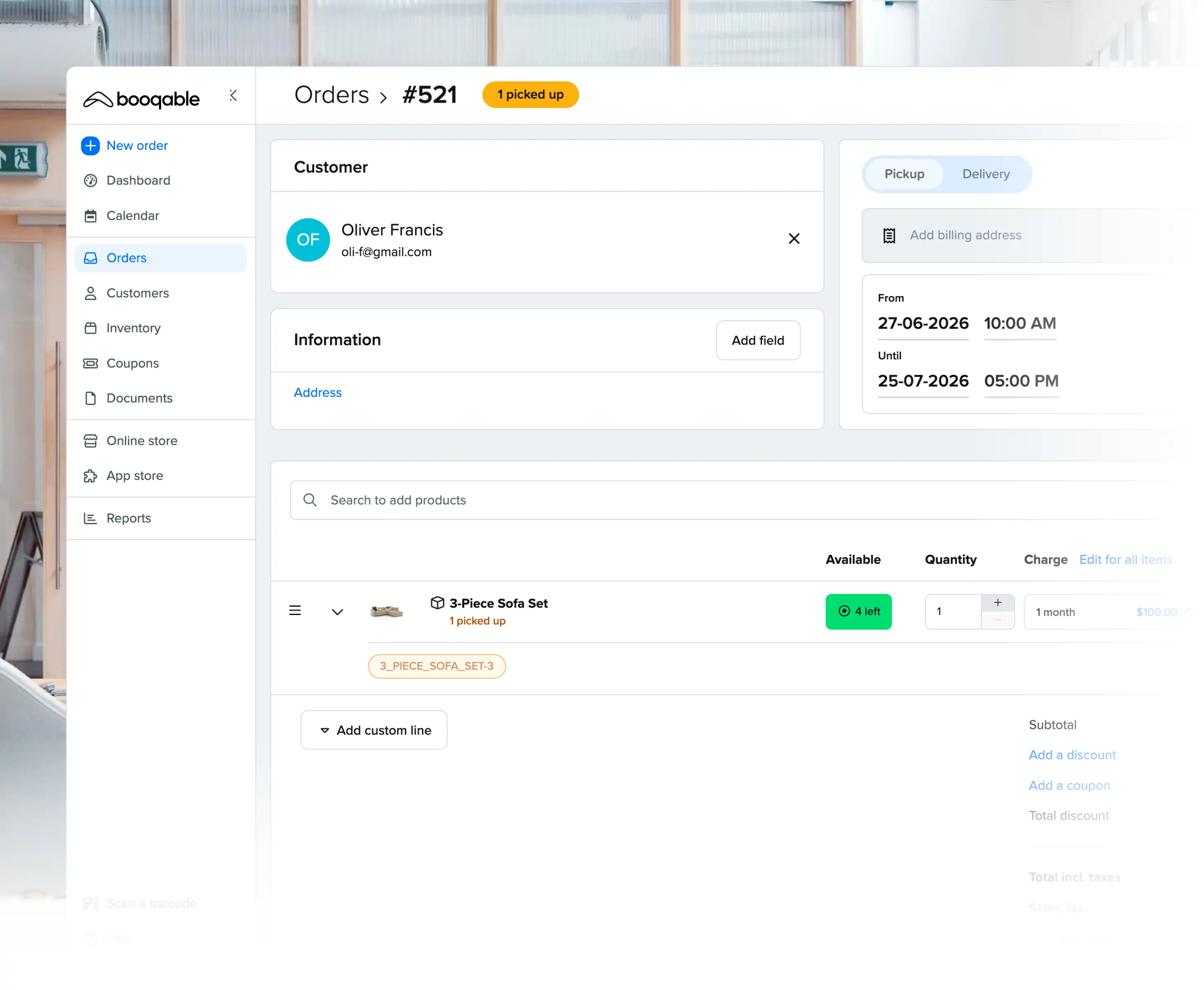Rental pickup workflow using Booqable's furniture rental software