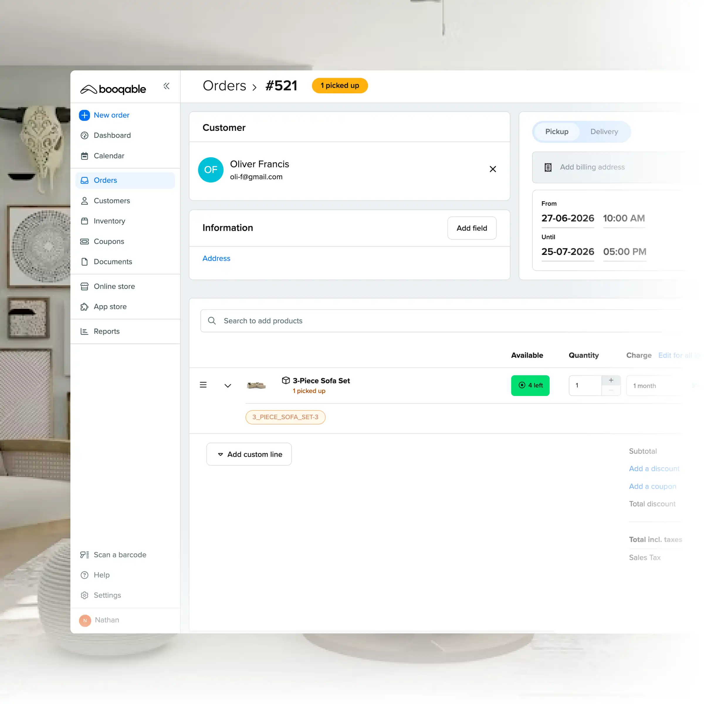 Booqable's furniture rental software showing order management features