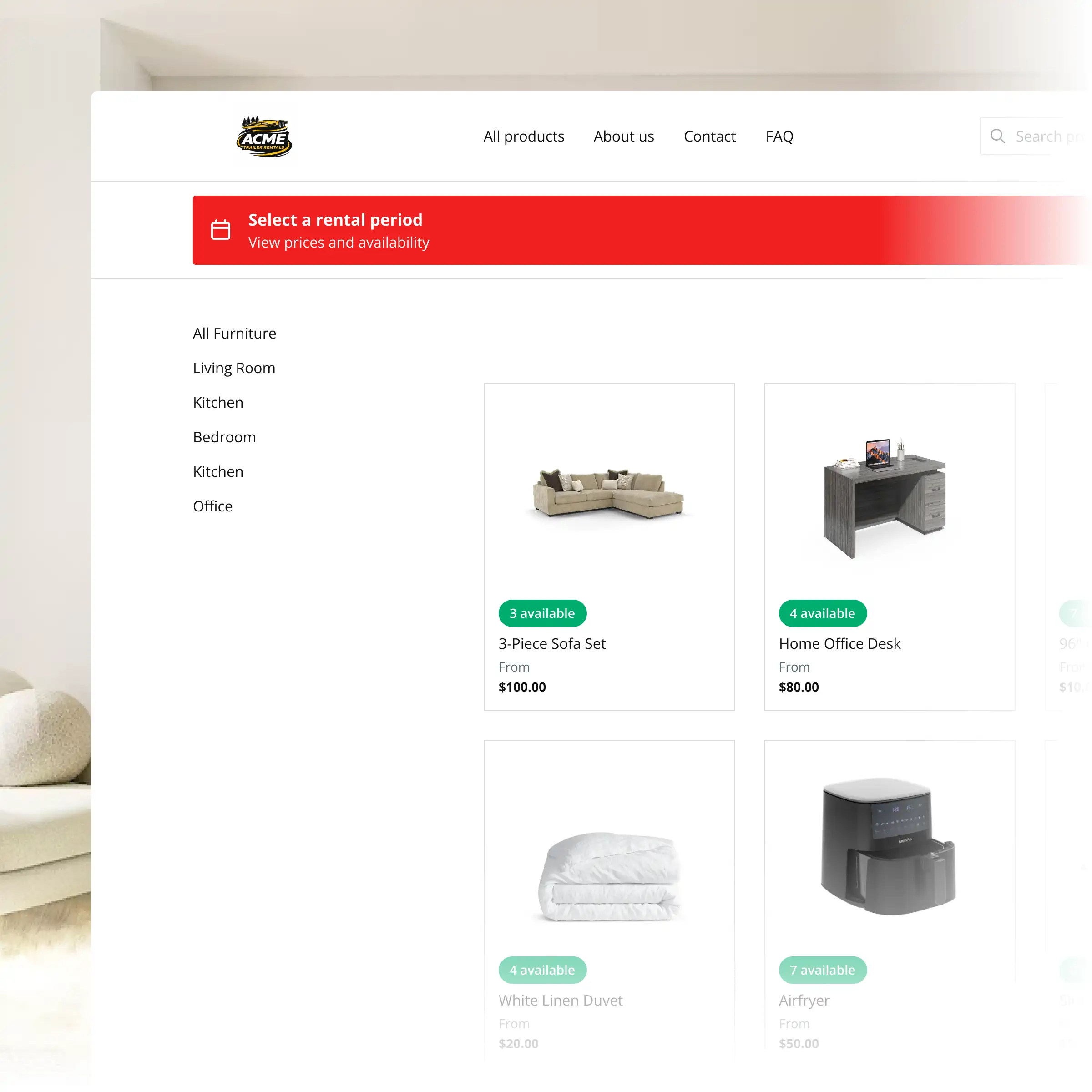 Booqable's furniture rental software showing rental workflow features