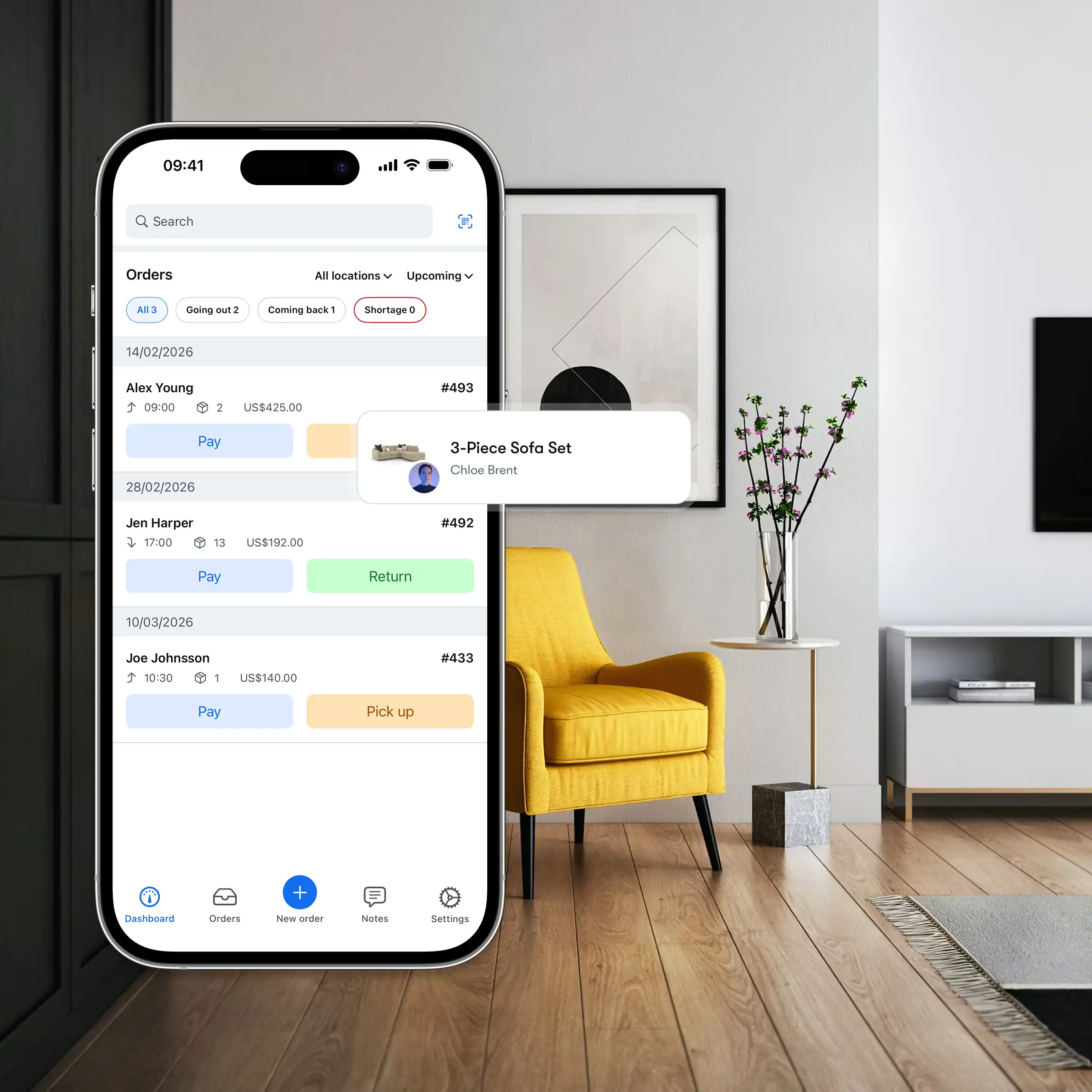 Booqable's furniture rental software showing mobile app features