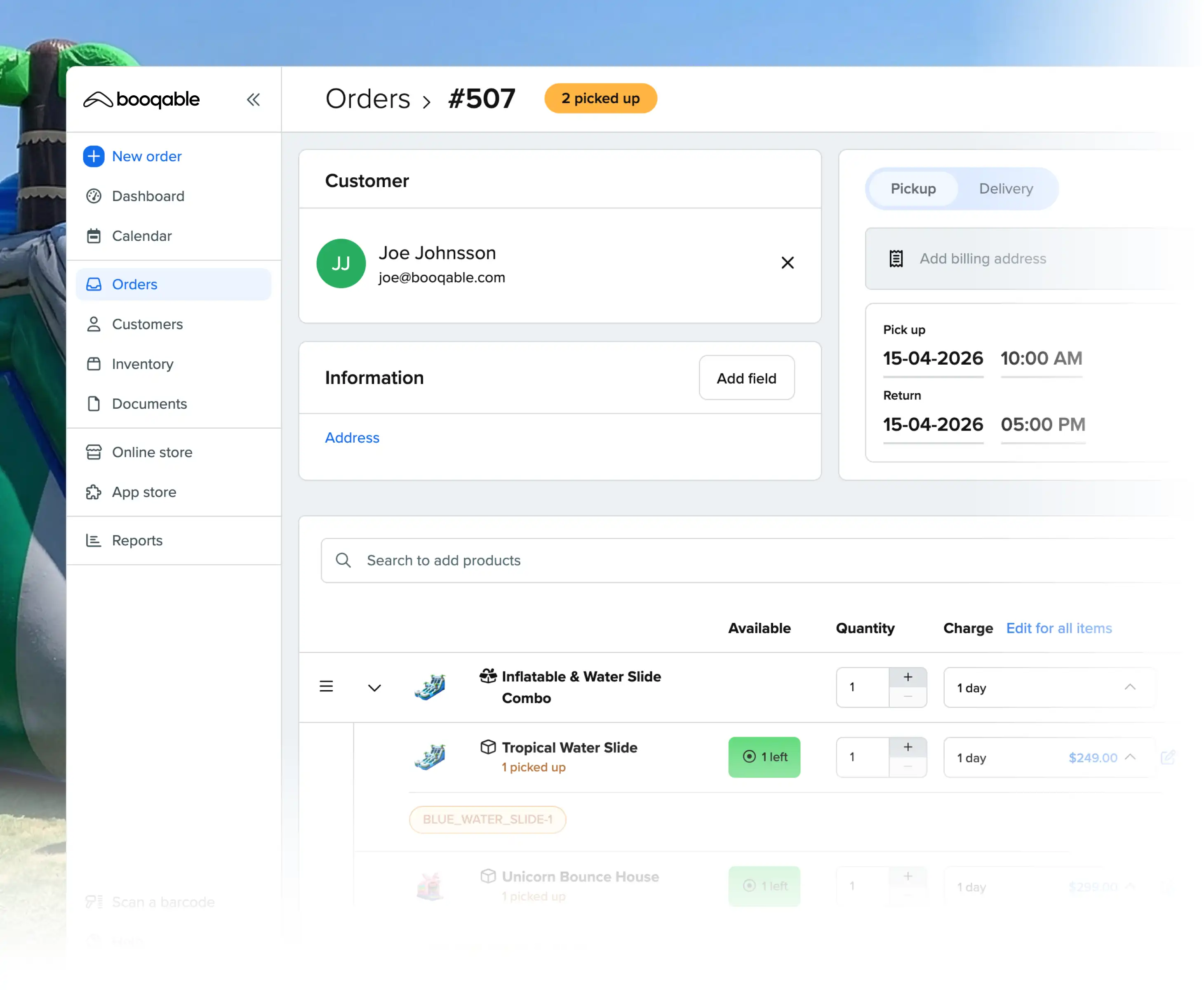 Rental pickup workflow using Booqable's bounce house rental software
