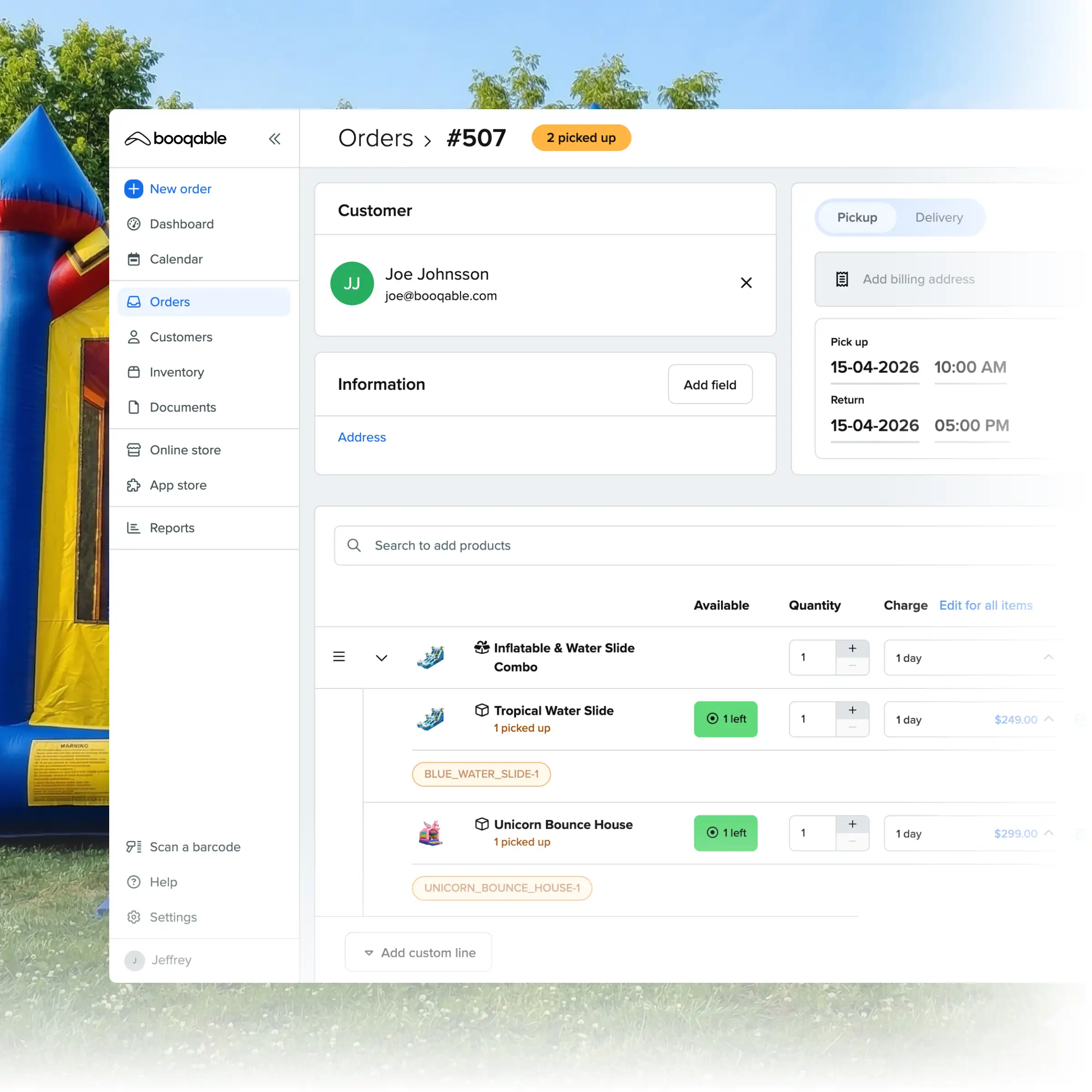 Booqable's bounce house rental software showing order management features