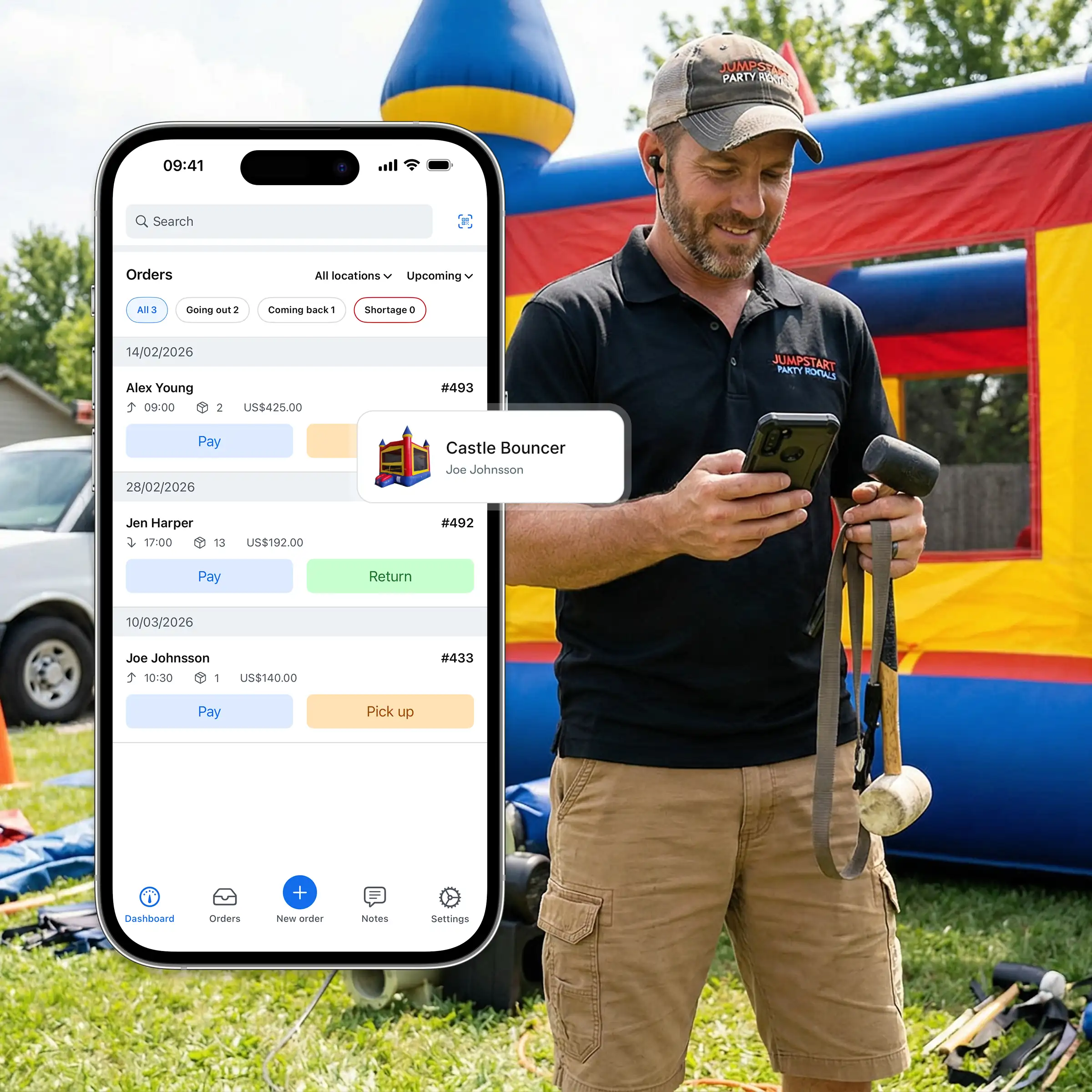 Booqable's bounce house rental software showing mobile app features