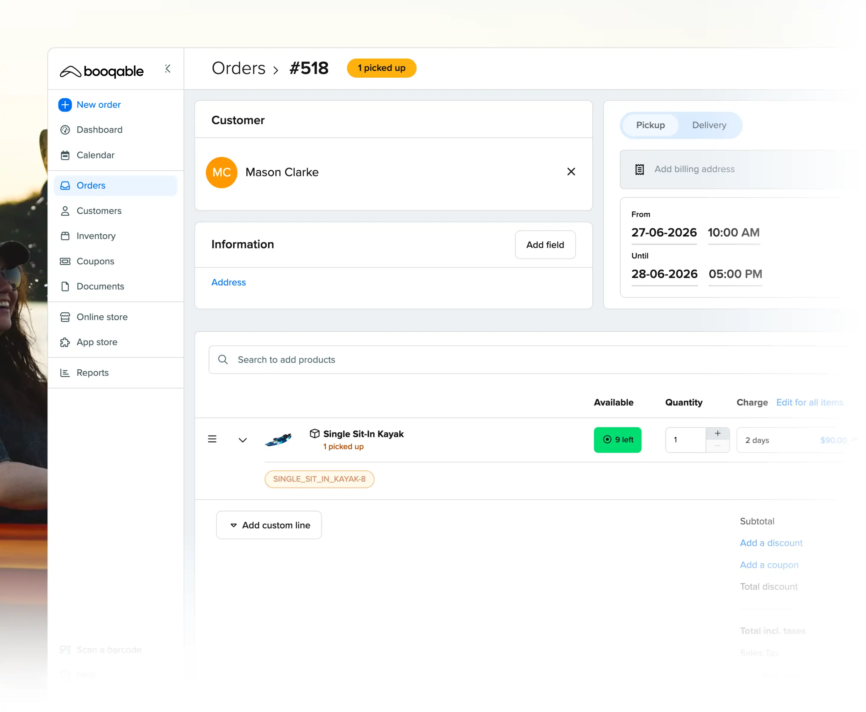 Rental pickup workflow using Booqable's kayak rental software