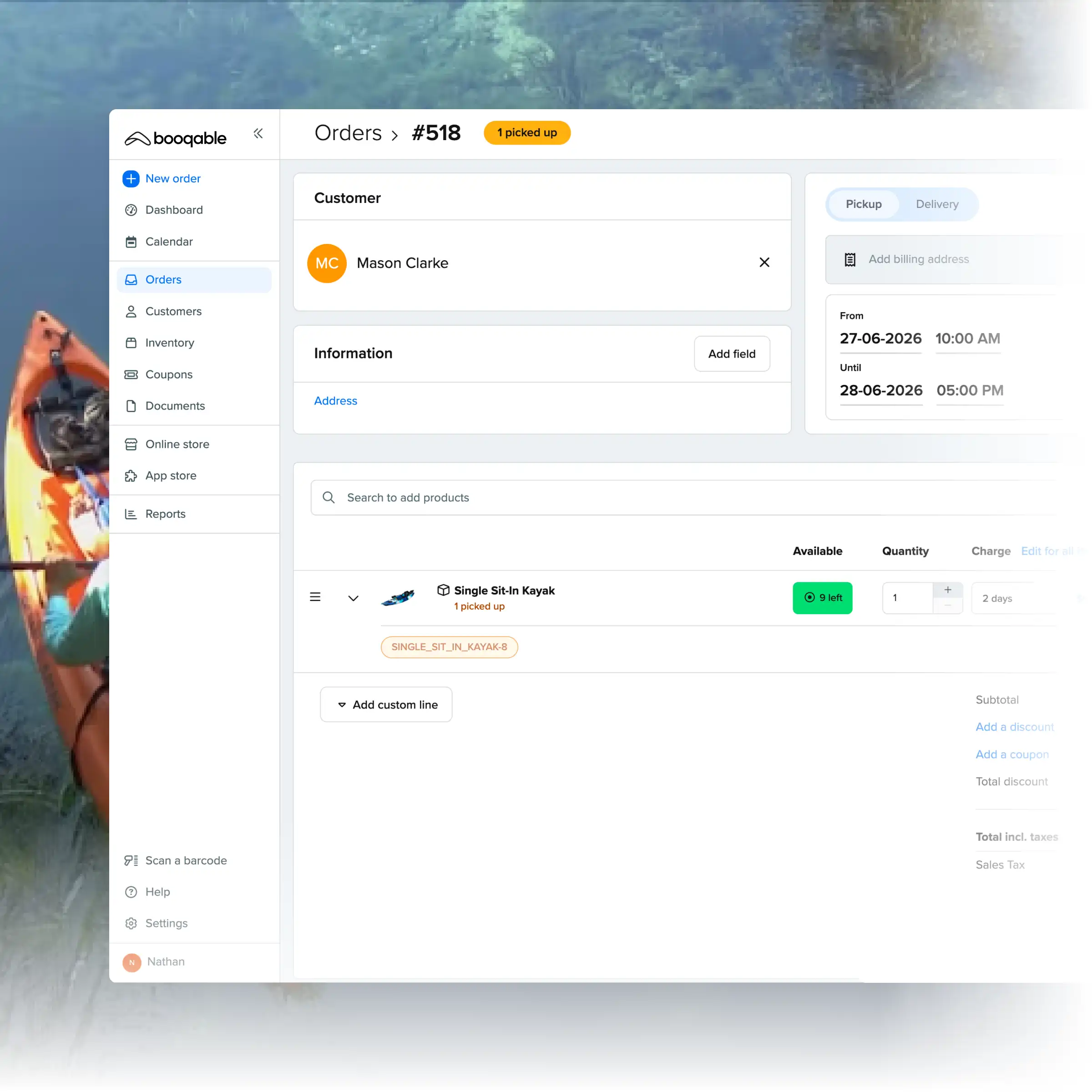 Booqable's kayak rental software showing order management features